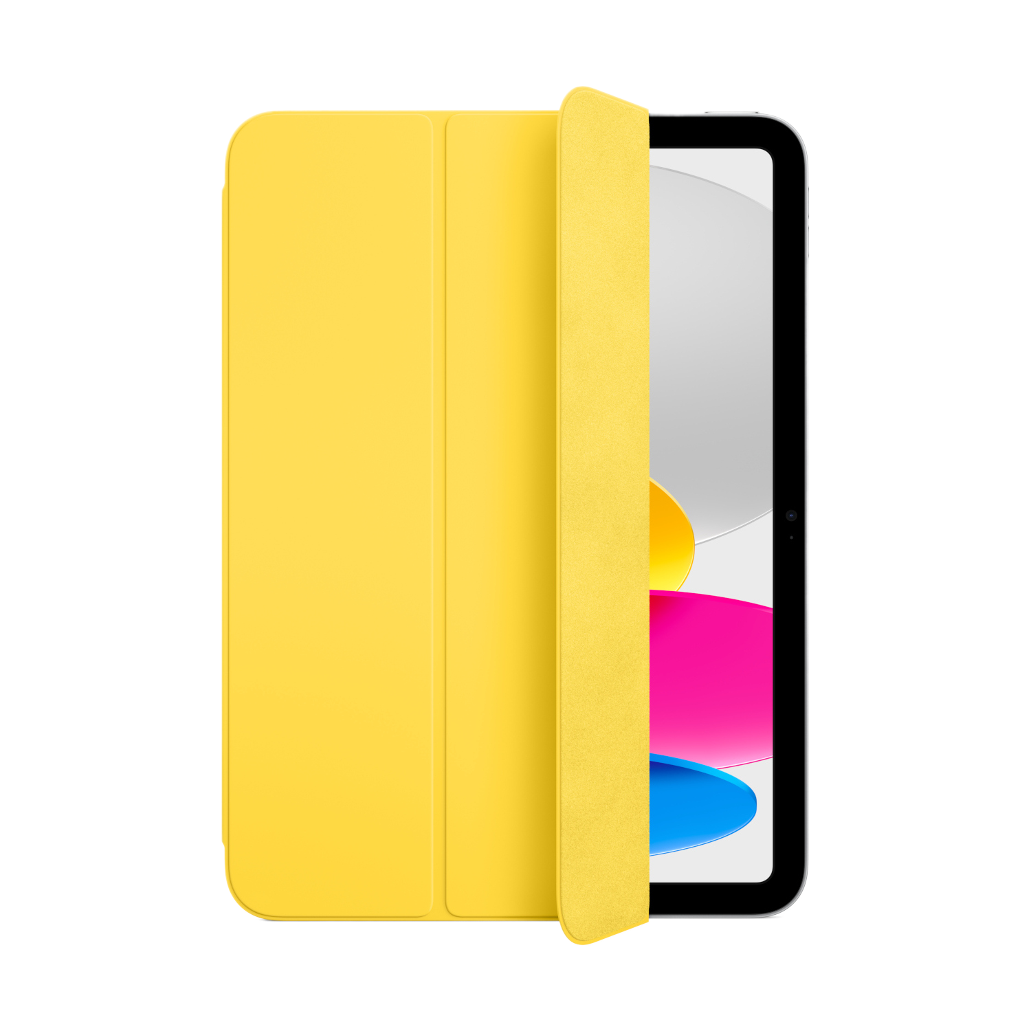 Étui iPad jaune avec une tablette. La tablette a l'écran ouvert.