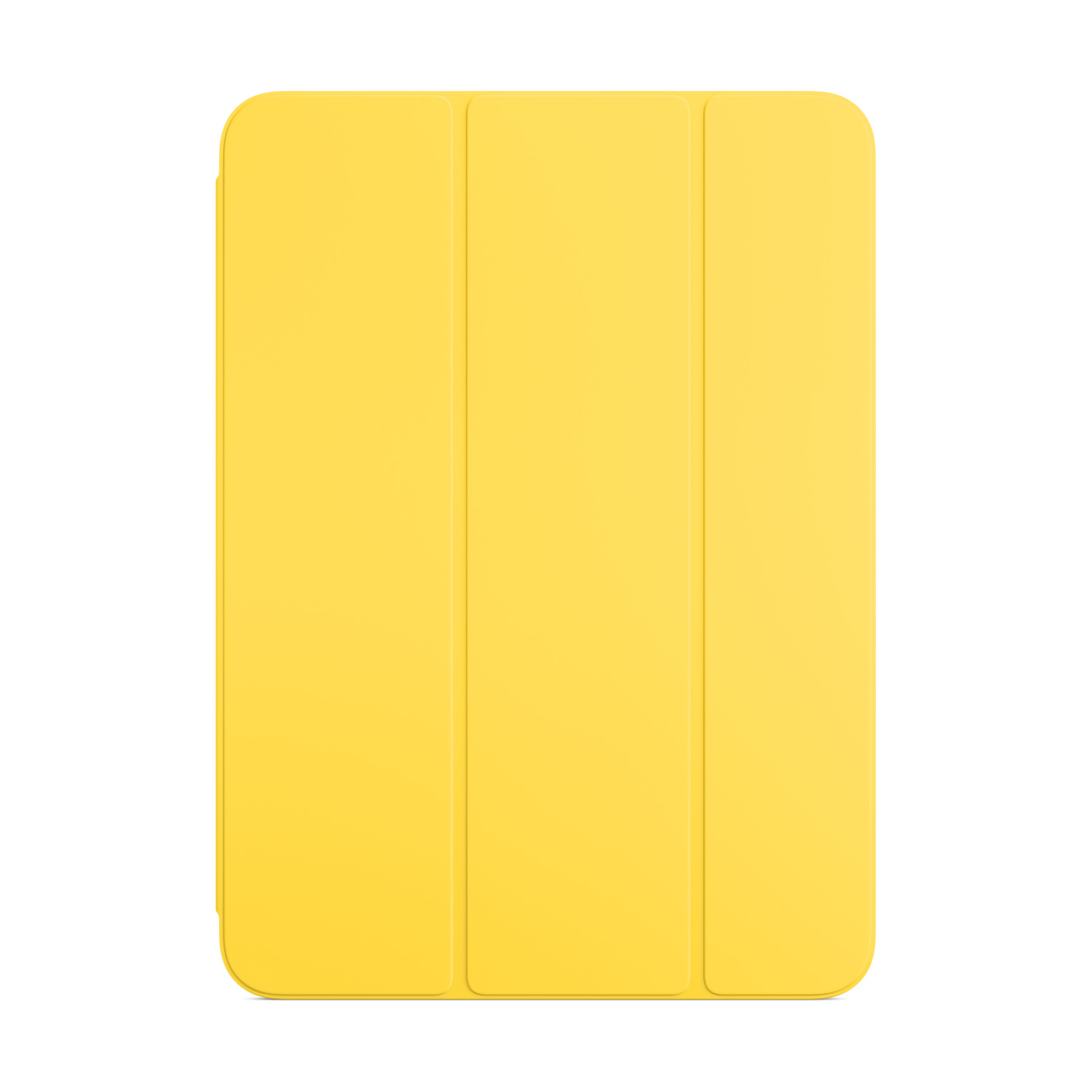 Housse d'iPad jaune. La housse est pliée. La housse est sur un fond blanc.