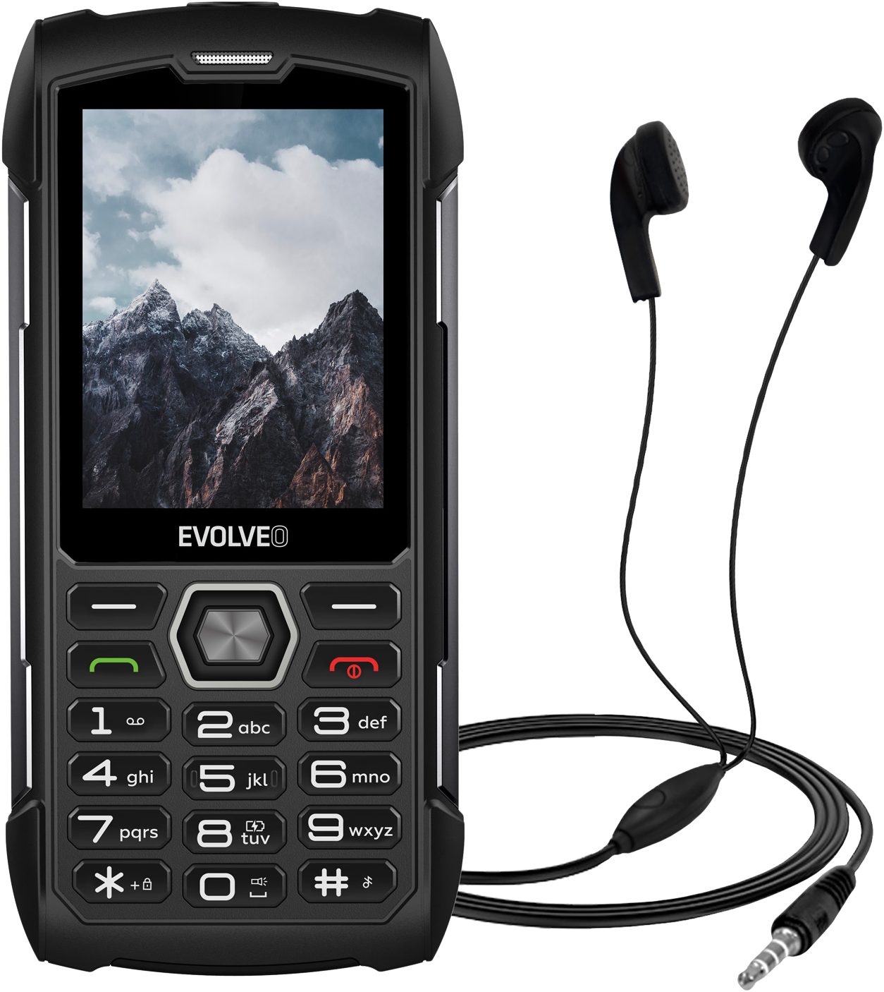 Fekete Evolveo strapabíró telefon fülhallgatóval. A képernyő hegyeket mutat. Fekete háttér.