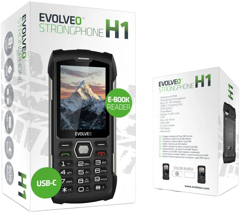 Robusztus fekete okostelefon dobozban. Szöveg: Strongphone H1, e-könyv olvasó, USB-C.