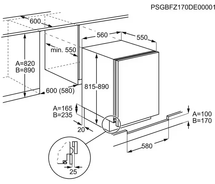 Mosogatógép diagramja. Méreteket és telepítési útmutatót mutat, fehér háttérrel.