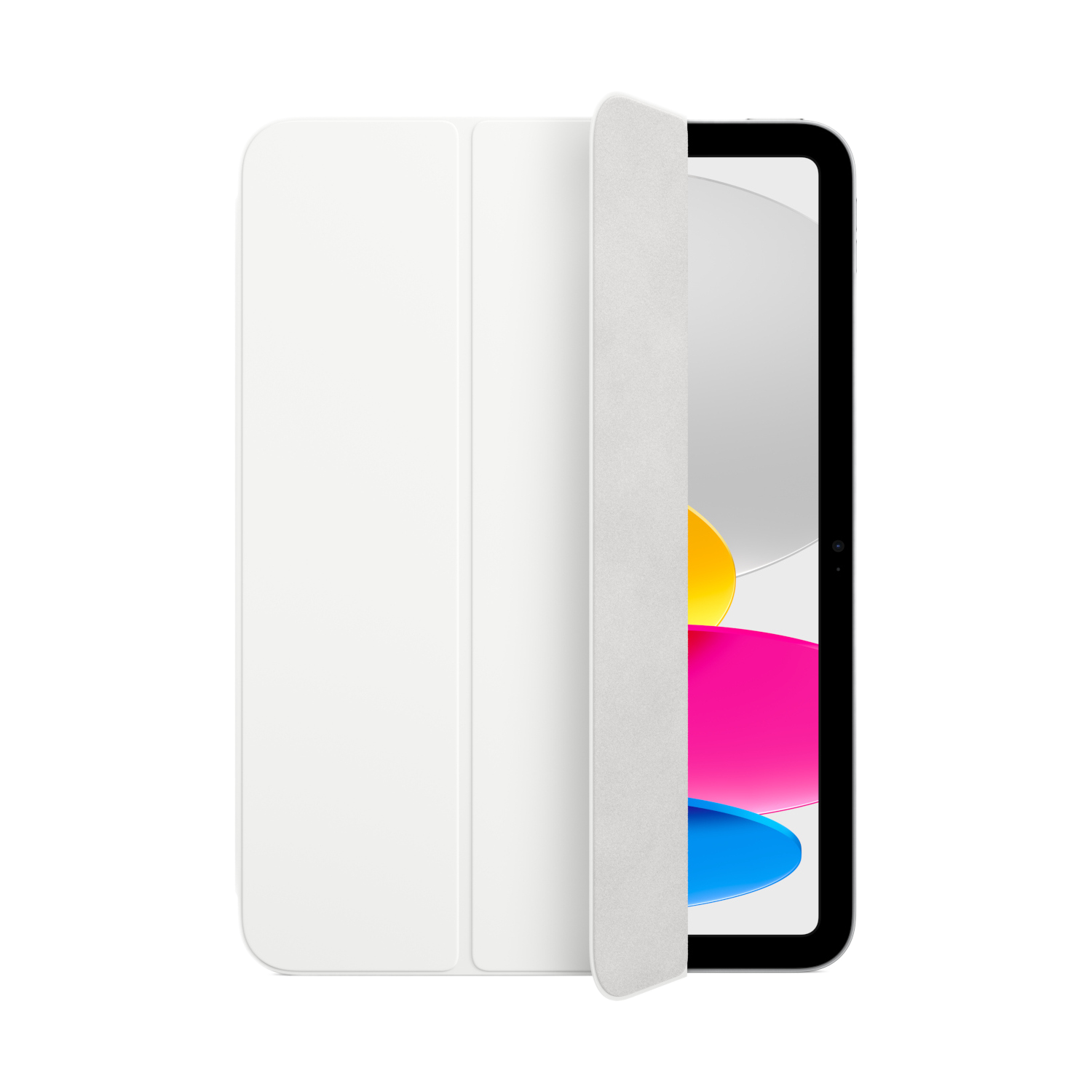 Étui de tablette blanc, ouvert montrant l'écran de la tablette.