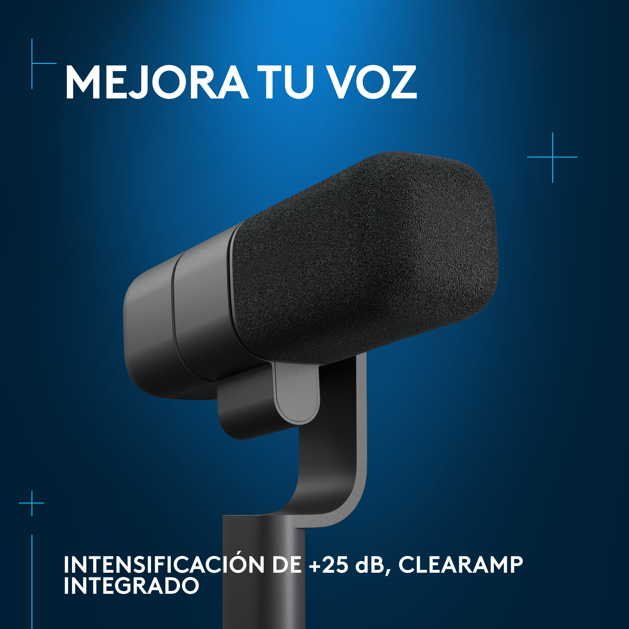 Un micrófono sobre un soporte con un fondo azul.