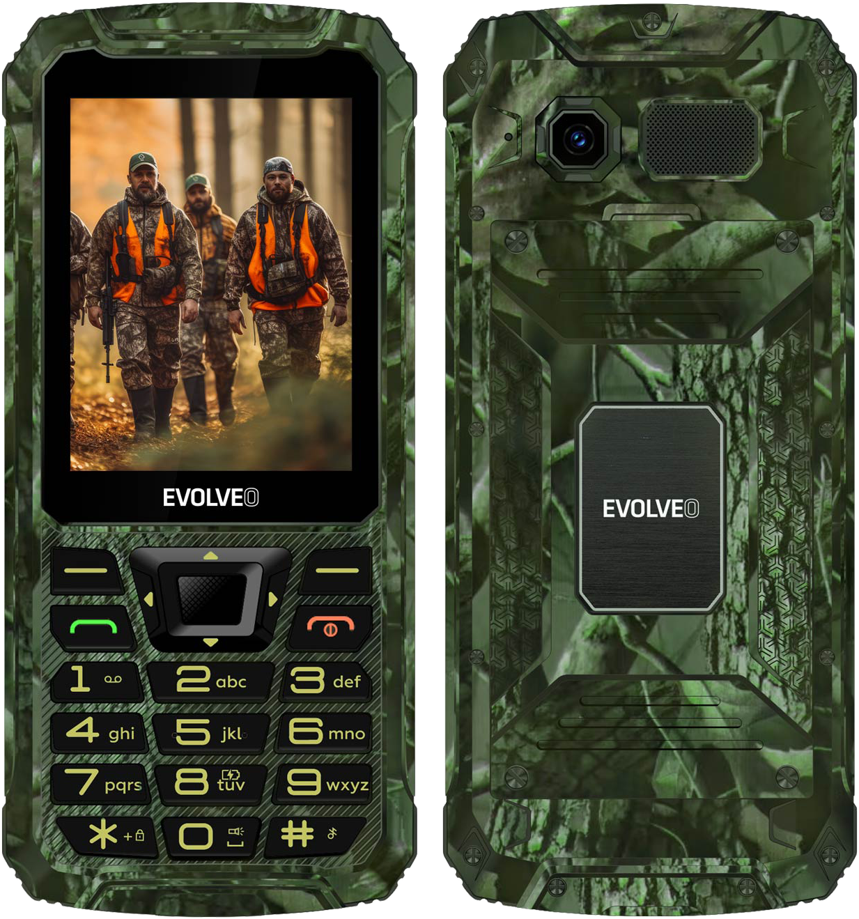 Robusztus telefon vadászokkal a képernyőn. Gombok, logó és kamera a terepszínű telefonon.