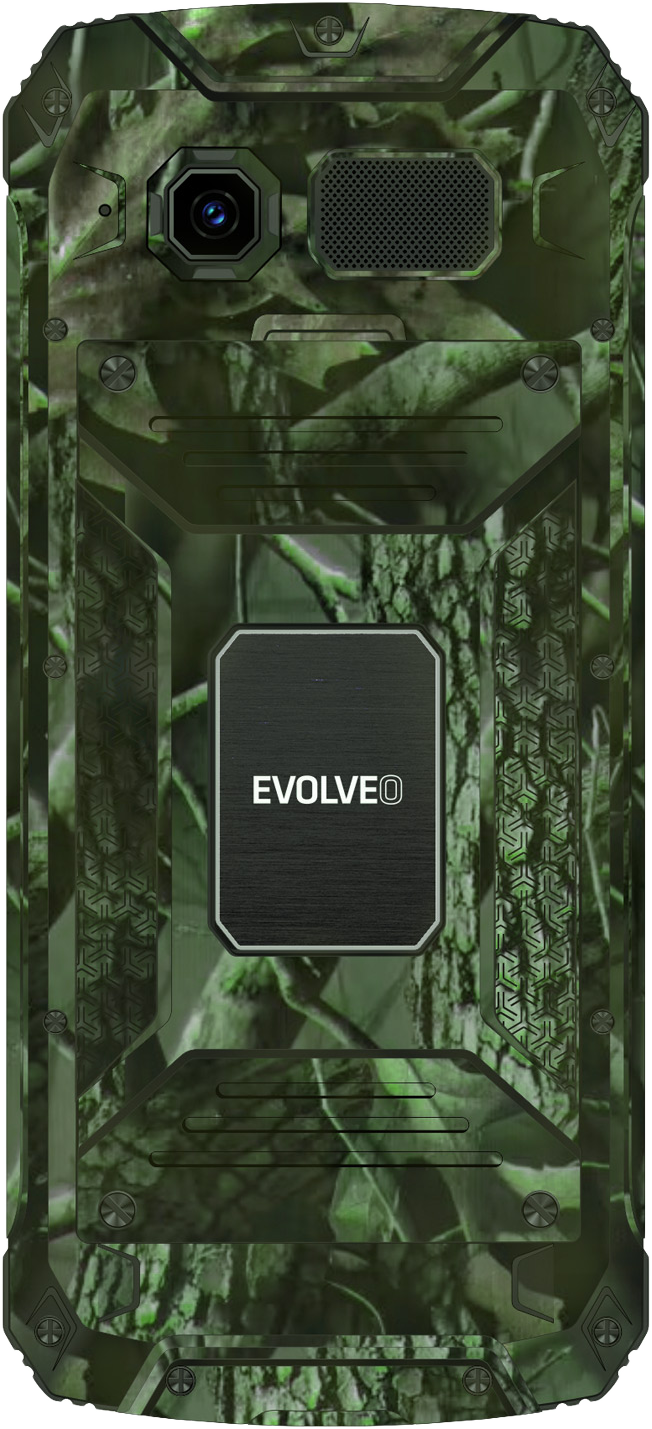 Egy terepmintás, robosztus telefon hátulja, kamerával és az 'EVOLVE0' logóval.