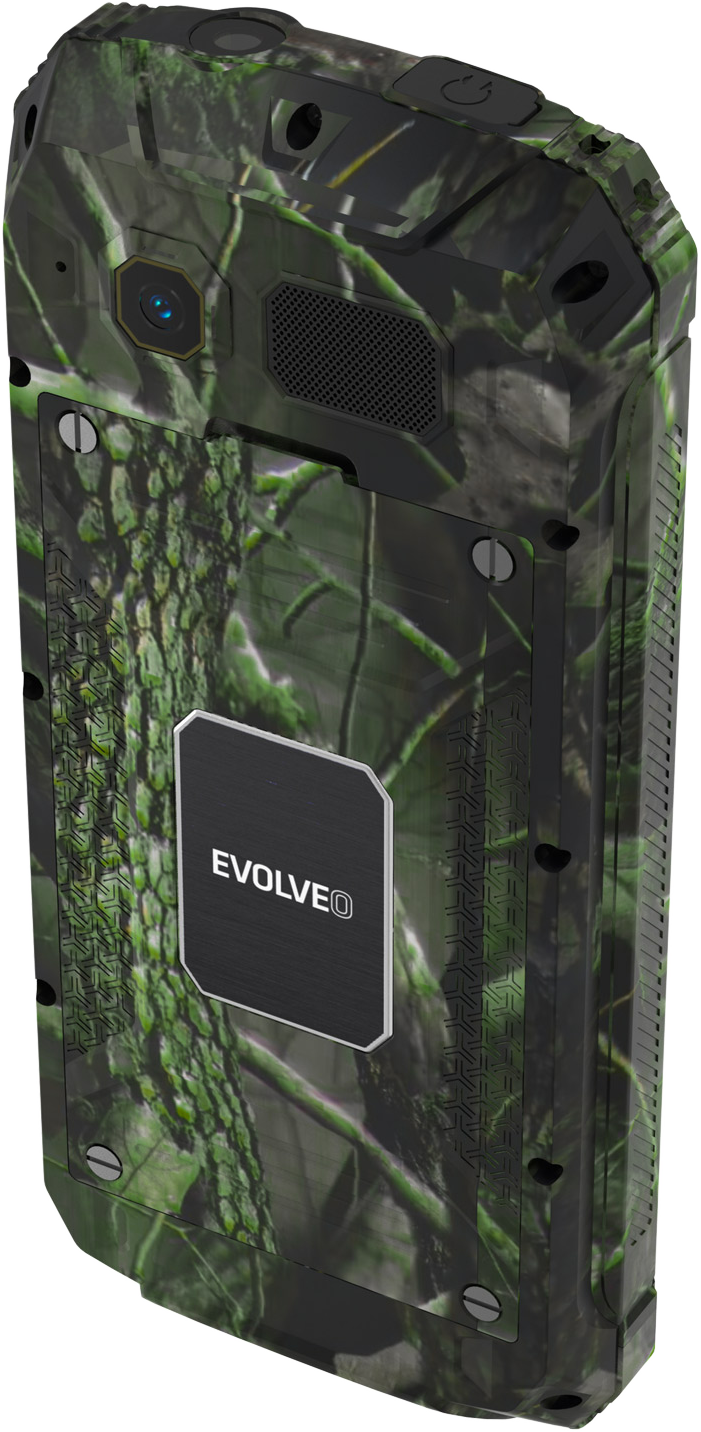 Robusztus álcázott telefon, hátsó nézet. Kamera, hangszóró és EVOLVEO logó.