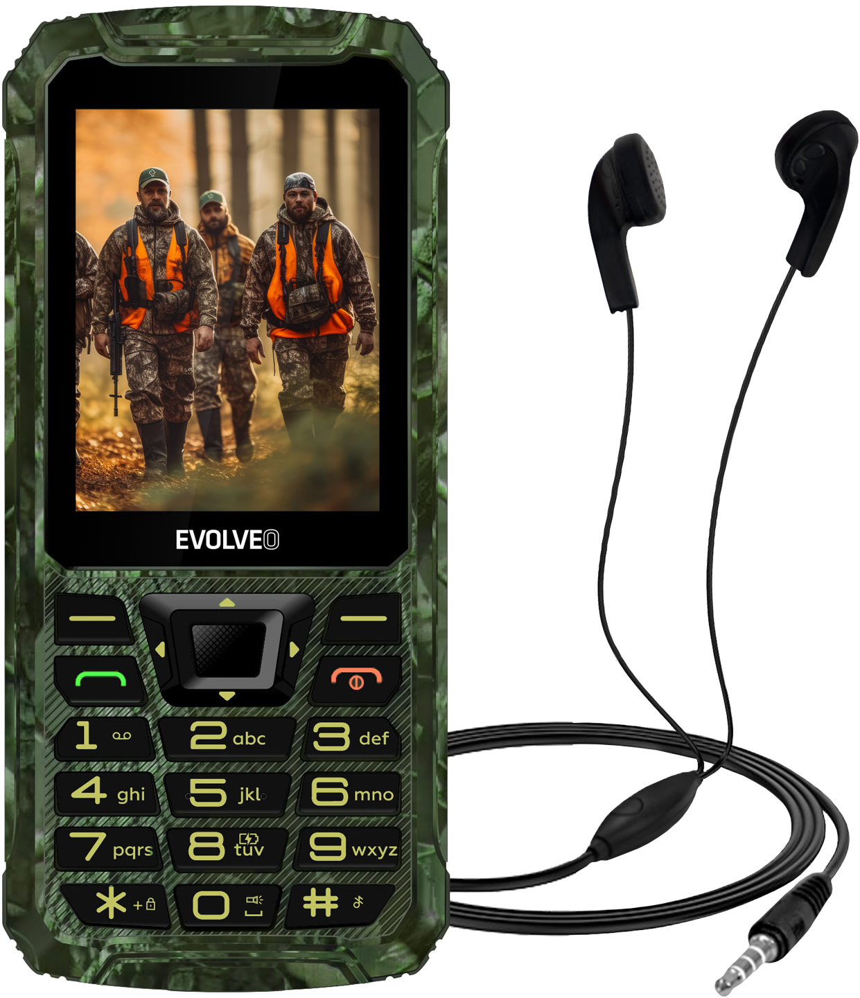 Robosztus telefon vadászok képével. Fülhallgatók csatlakoznak.