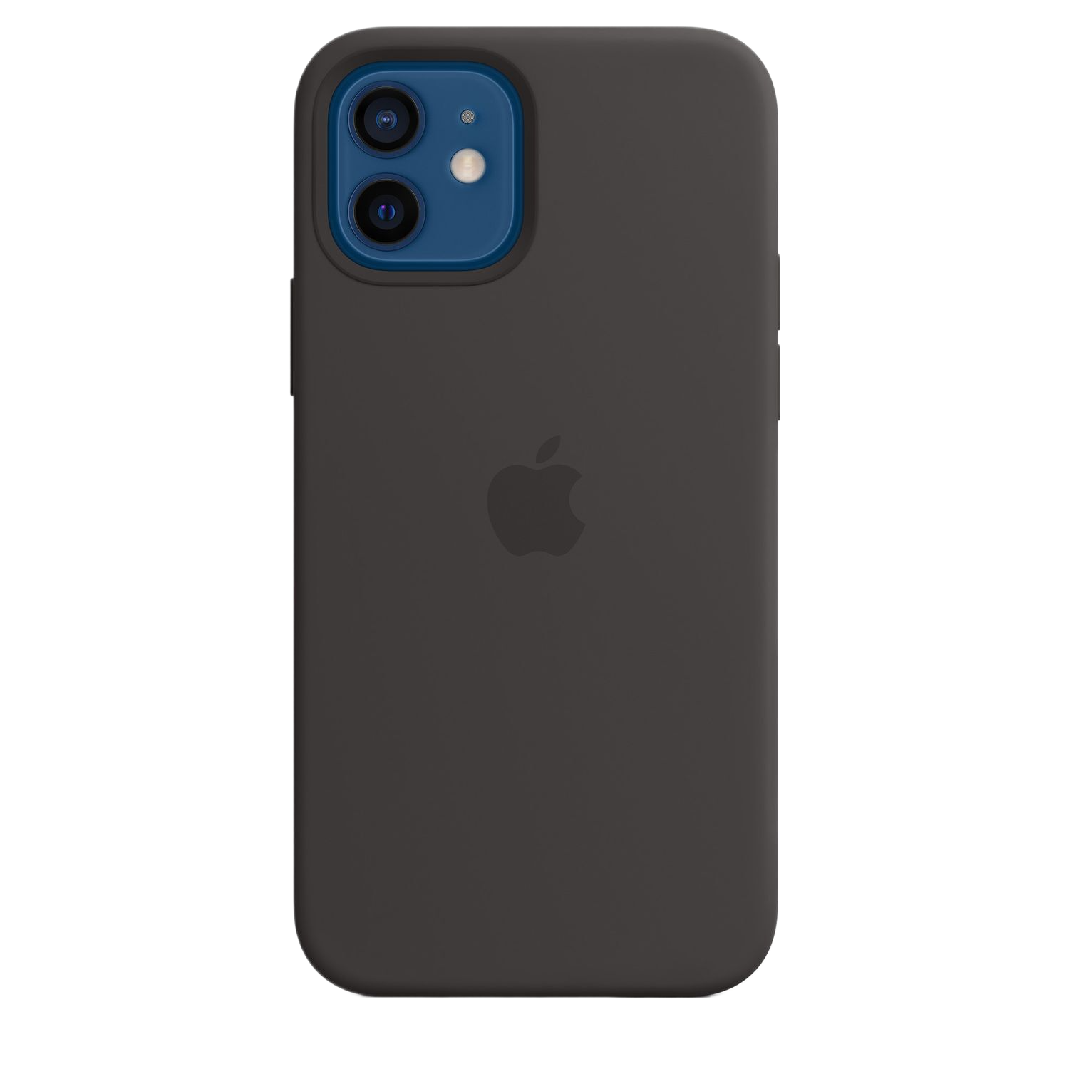 Een zwarte iPhone 12 met een zwarte hoes en het Apple-logo. De achtergrond is zwart.
