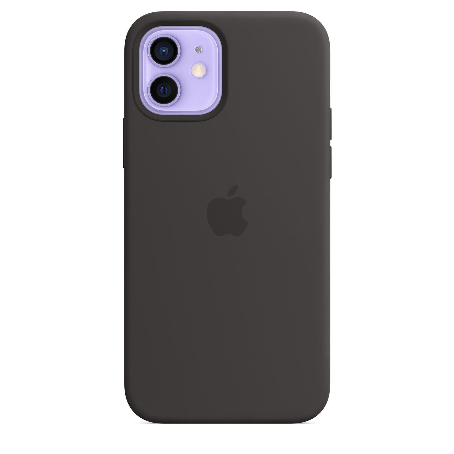 Een zwarte telefoonhoes met twee paarse cameralenzen en een Apple-logo op een witte achtergrond.