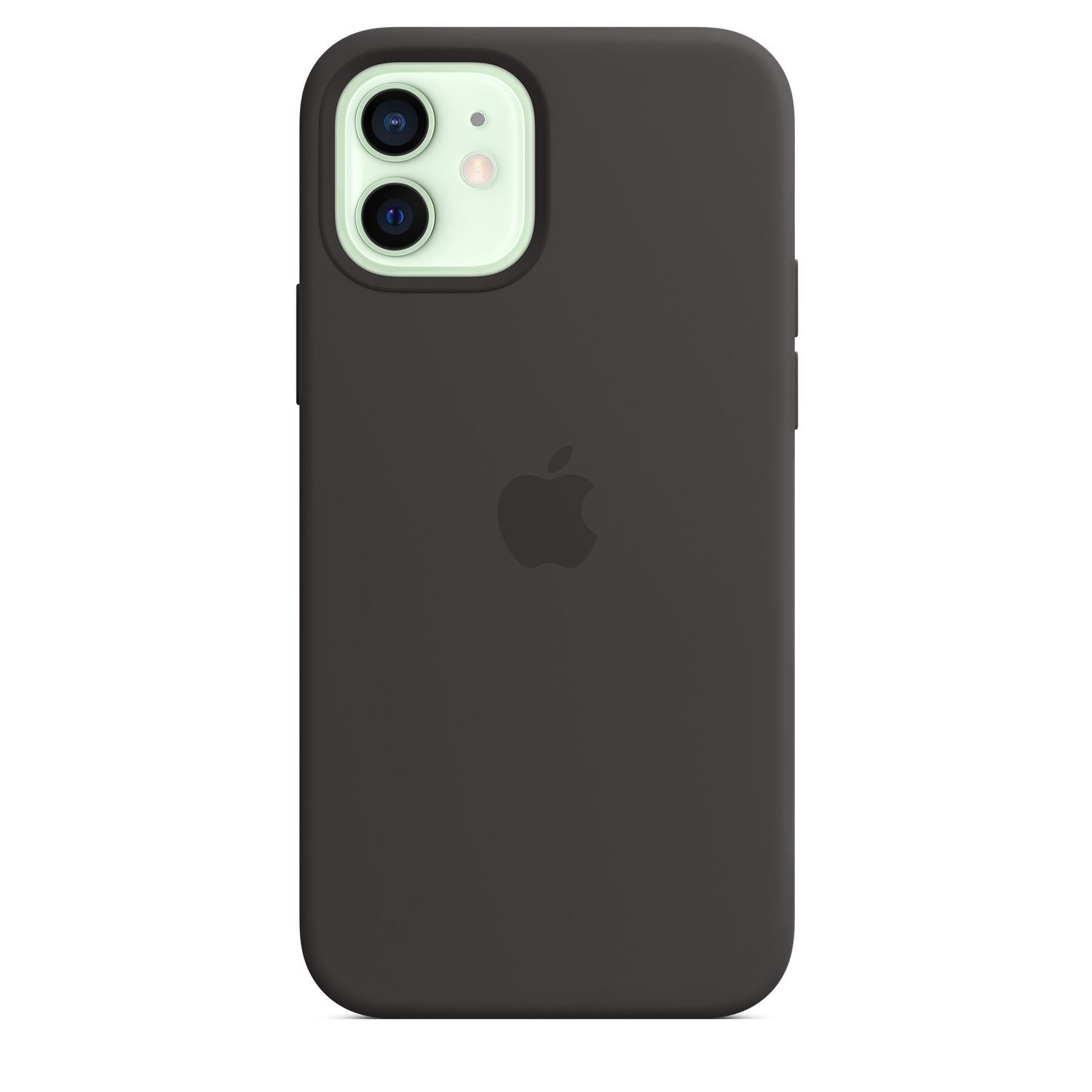 Zwarte iPhone 12-hoes. Het Apple-logo is gecentreerd. Dubbele camera en flits zichtbaar.