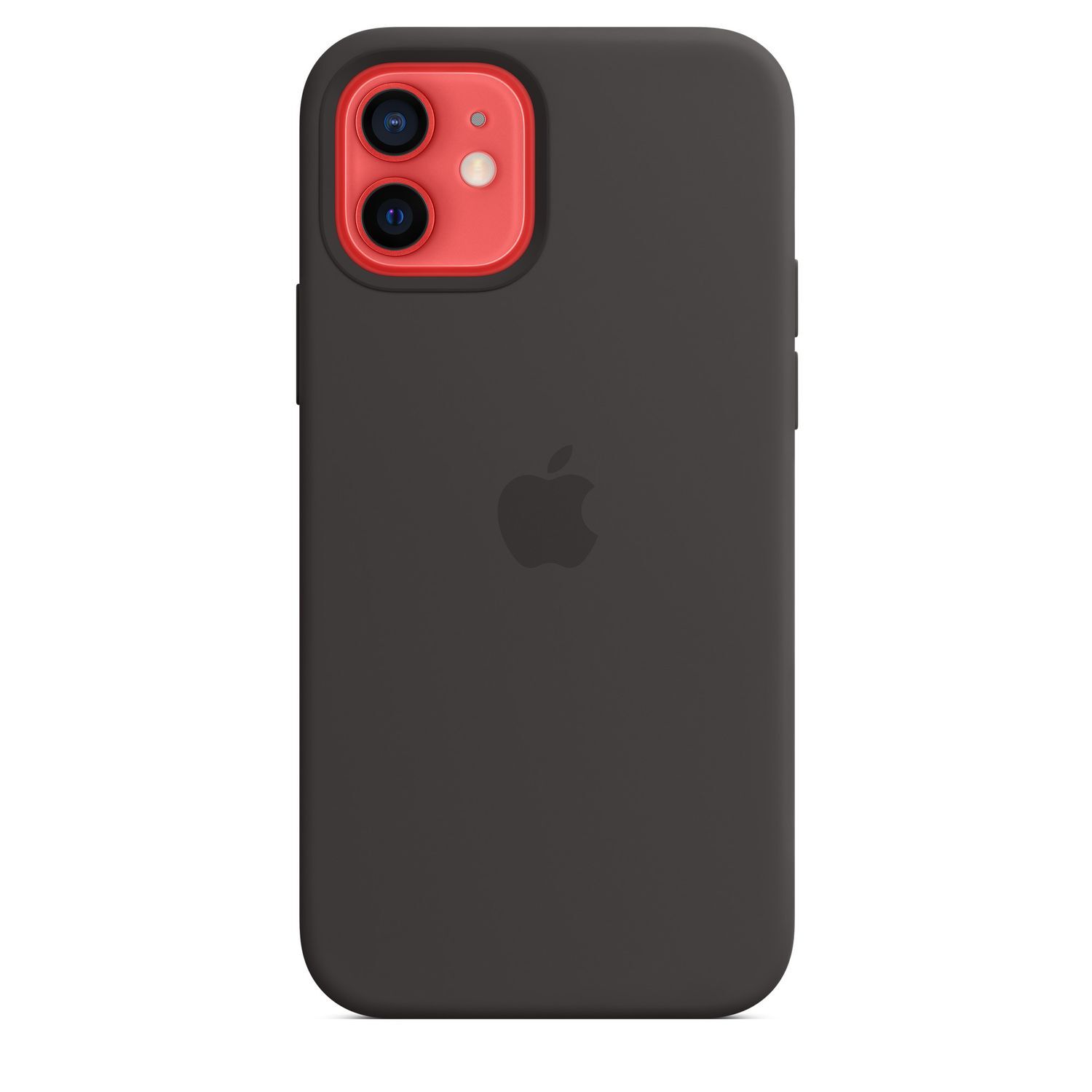 Een zwarte iPhone-hoes met een rode cameramodule en een wit Apple-logo op de achterkant.