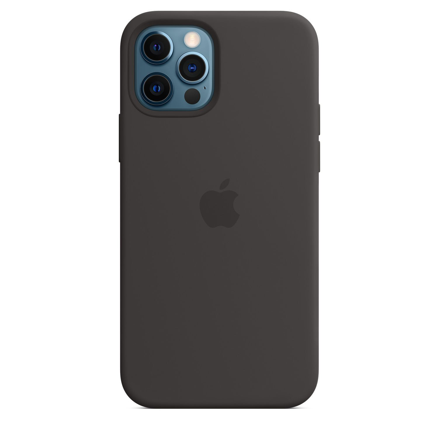 Een donkergrijze iPhone-hoes met het Apple-logo en een camerabult aan de achterkant.
