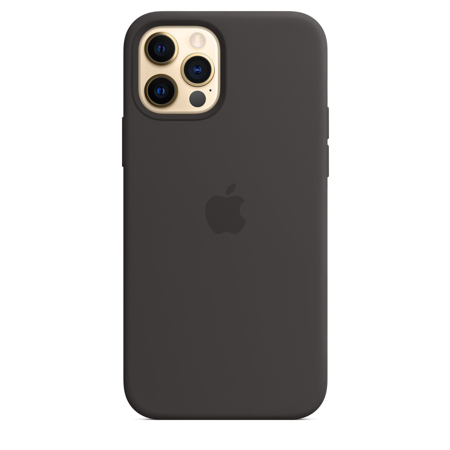 Een donkergrijze iPhone-hoes. De camera aan de achterkant is zichtbaar. Een Apple-logo staat in het midden.