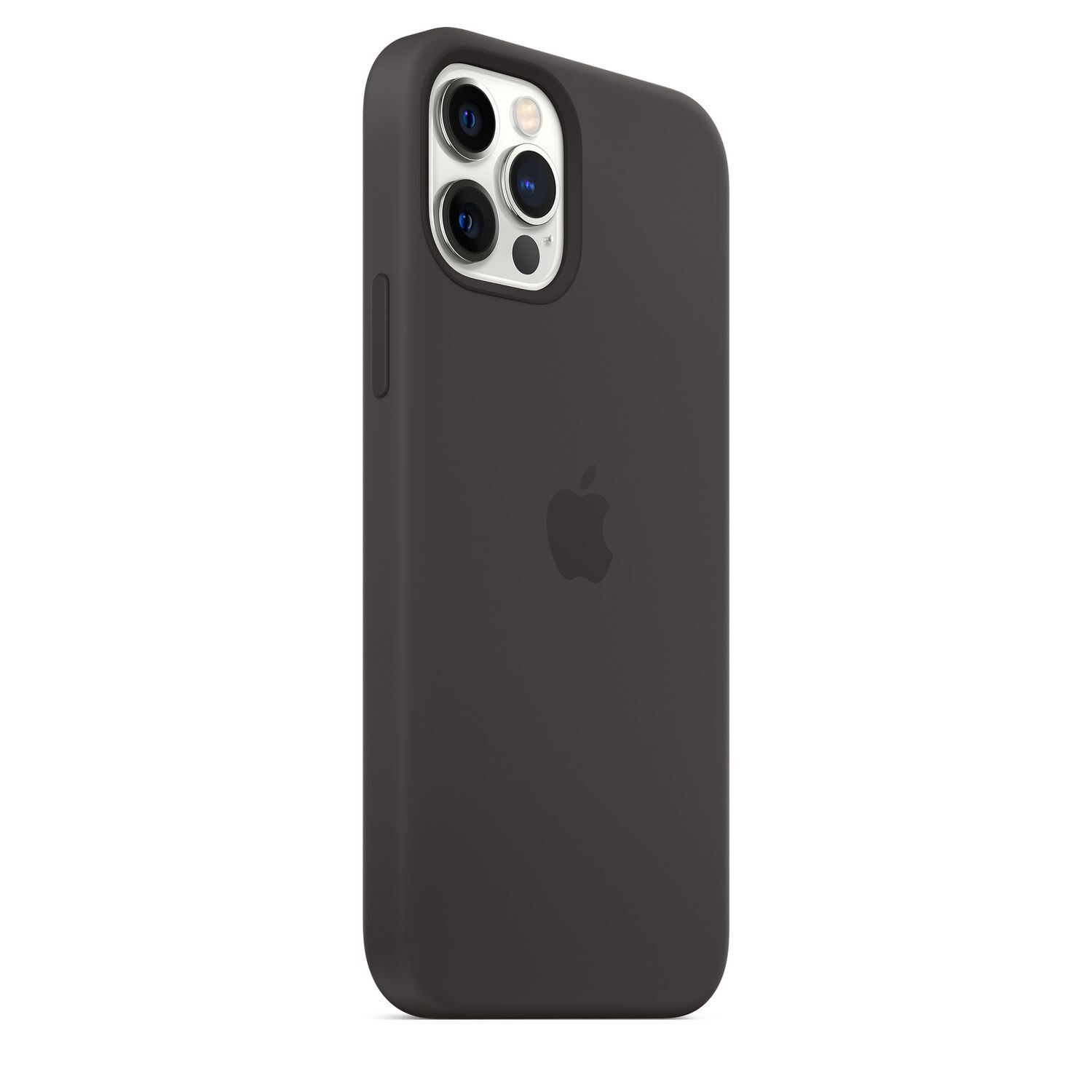 Een zwarte iPhone-hoes met drie camera's aan de achterkant en het Apple-logo.