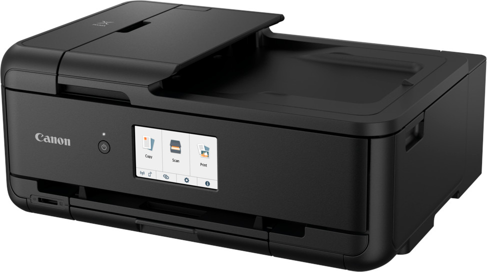 Black Canon printer with a touchscreen, and a top scanner lid open.