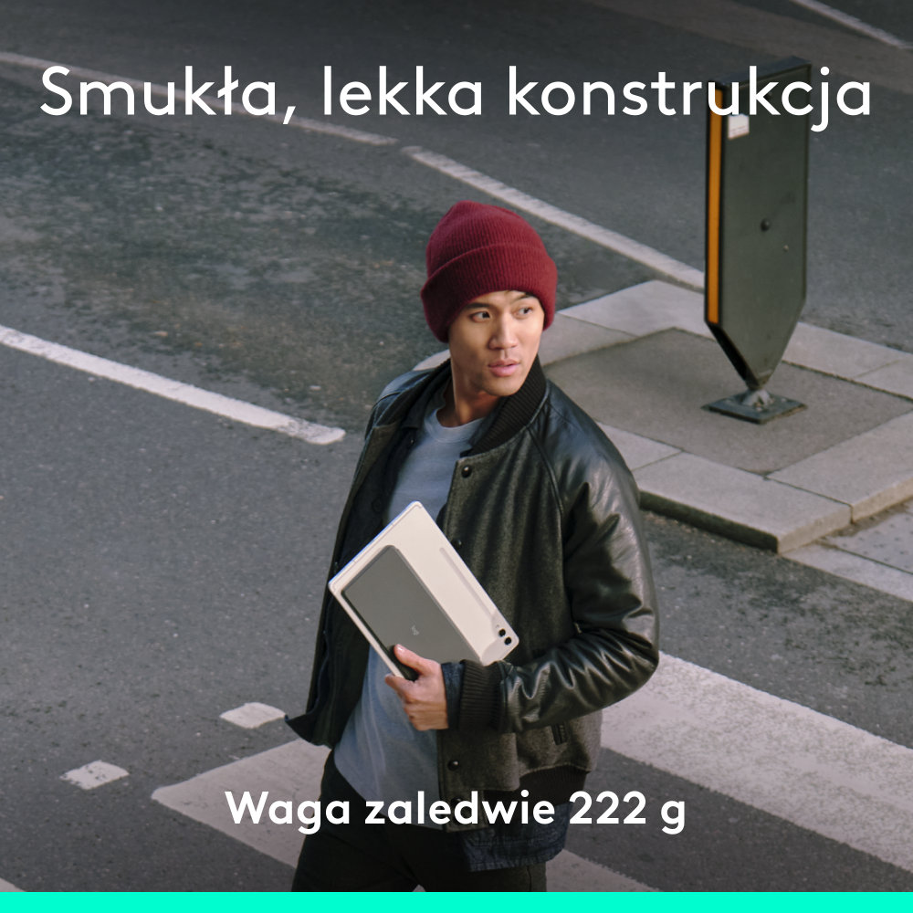 Mężczyzna trzymający tablet, idący po przejściu dla pieszych. Tekst mówi: Smukła, lekka konstrukcja. Waga 222g.