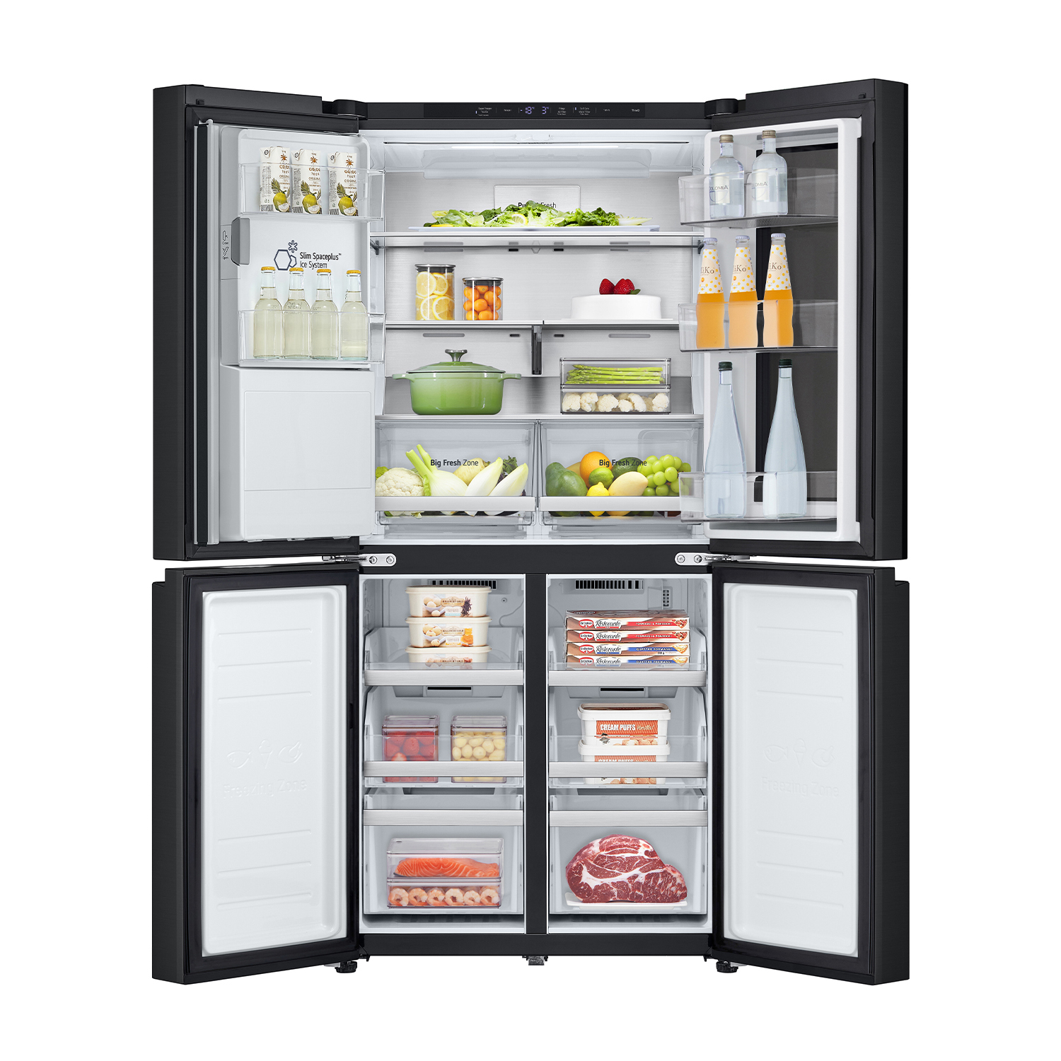 Un frigorifero aperto, che mostra generi alimentari nelle sezioni frigo e congelatore.
