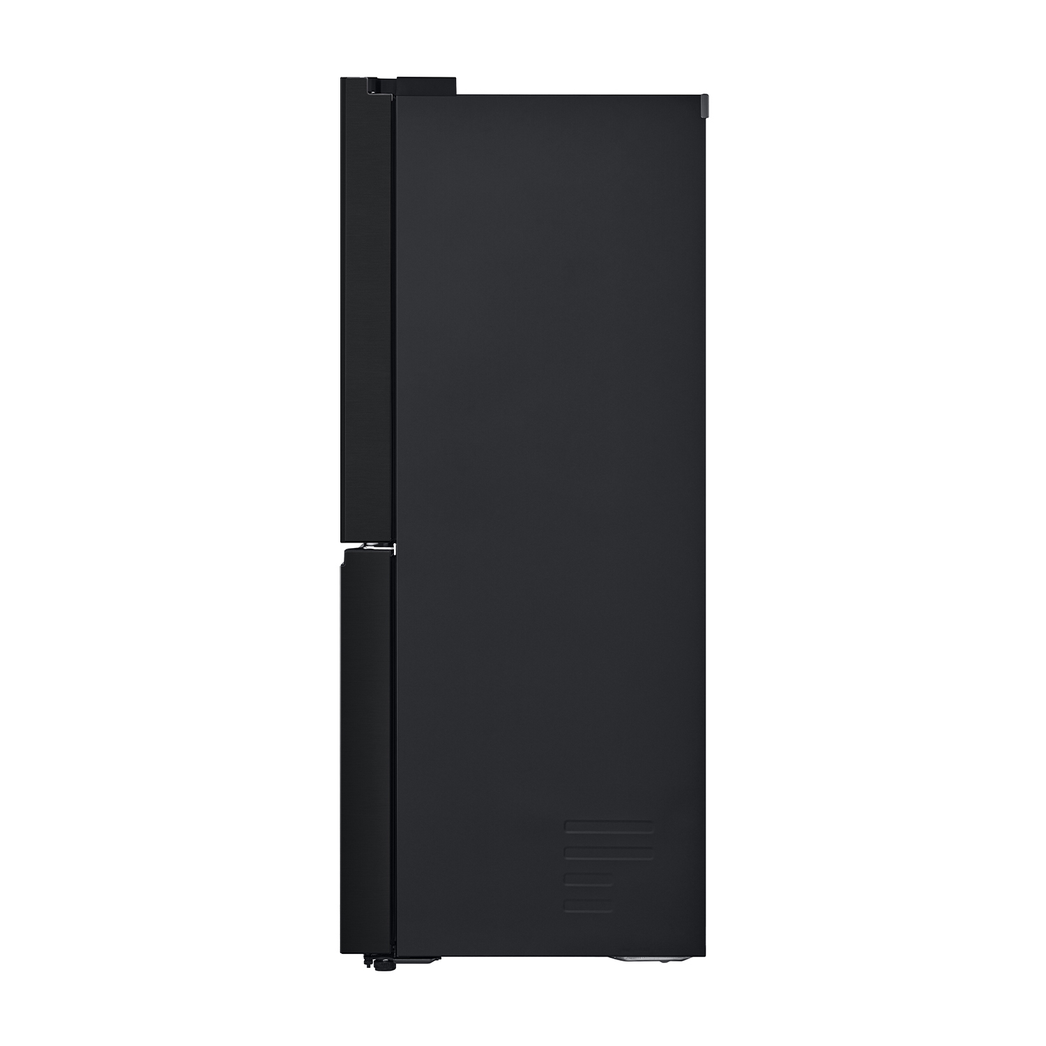 Un frigorifero nero, vista laterale, con doppia porta e un design minimalista.