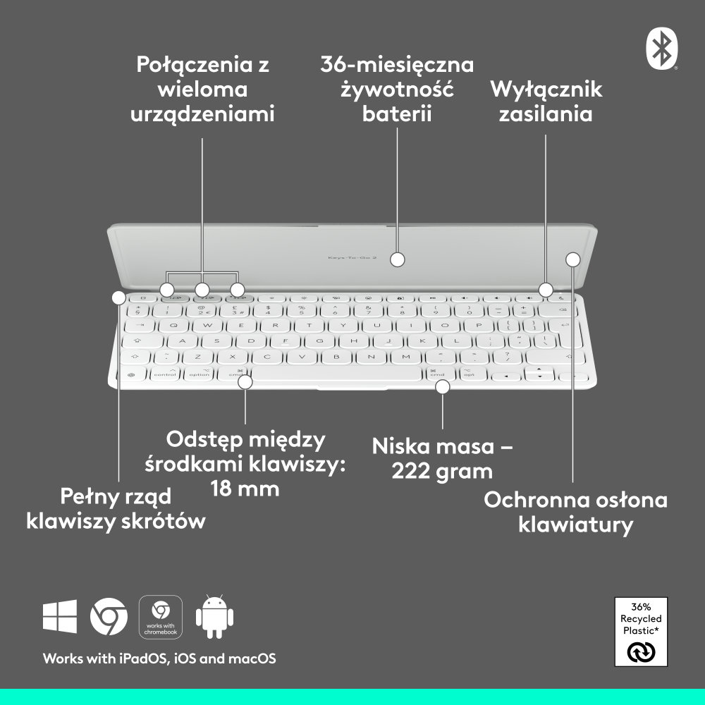Biała klawiatura z opisanymi klawiszami, funkcje w tym klawisze skrótów i waga 222 gramy.