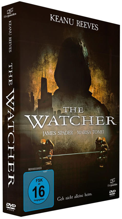 DVD-Cover für den Film The Watcher. Keanu Reeves ist der Hauptdarsteller, dunkler Hintergrund.
