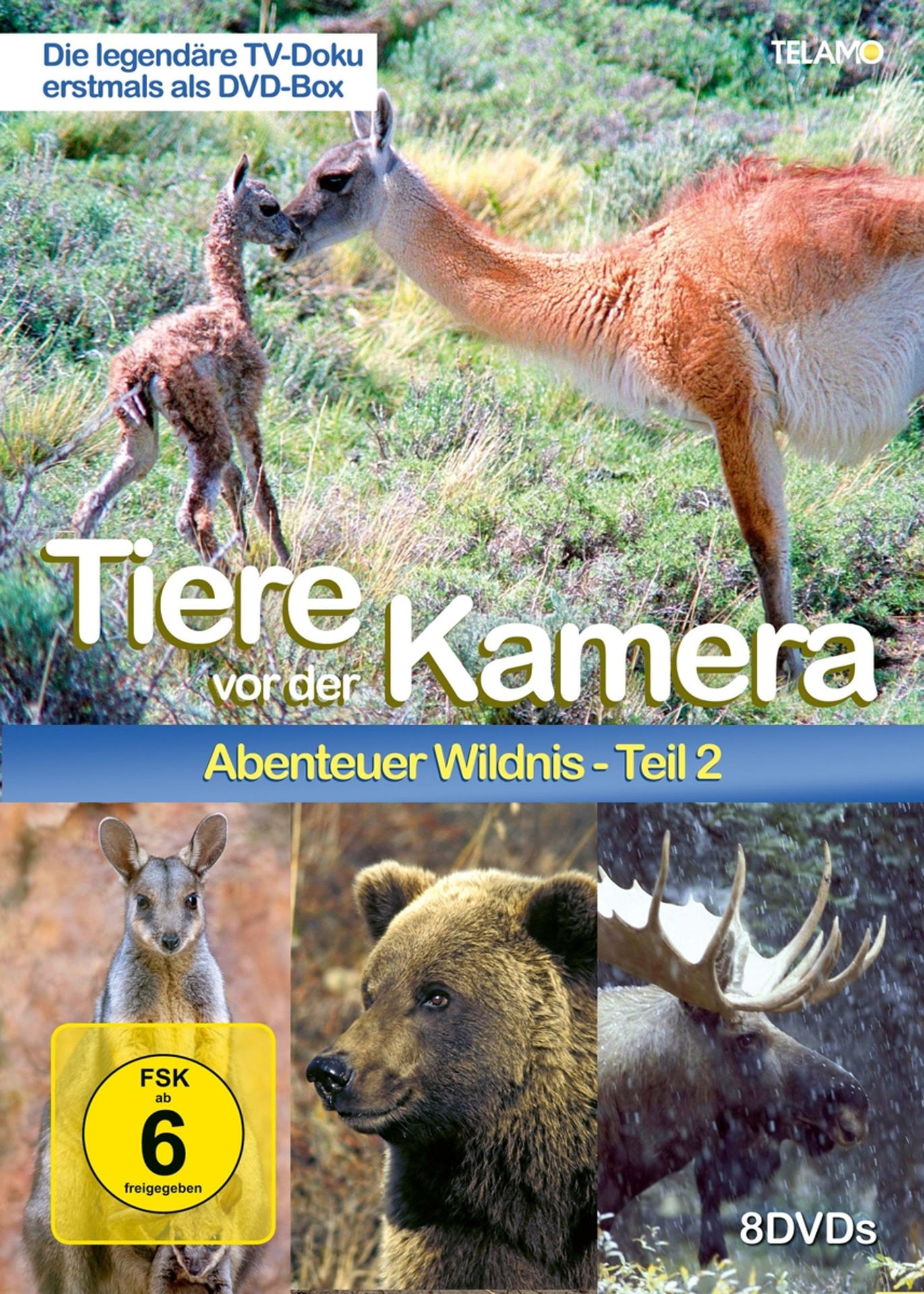 DVD-Cover. Titel: Tiere Kamera. Bilder von Tieren: Lama, Känguru, Bär, Elch.