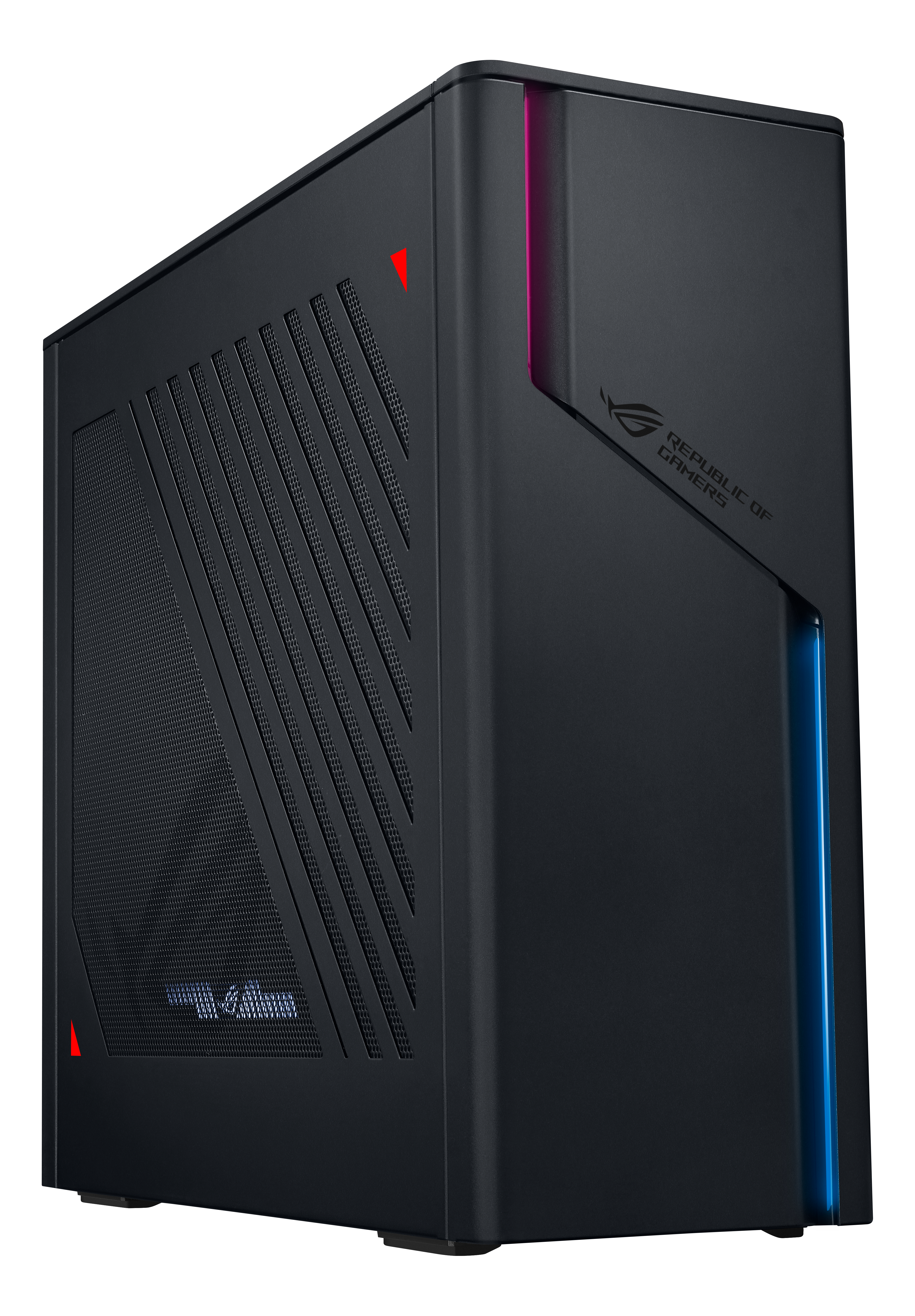 Ein schwarzes Computergehäuse mit roten und blauen Lichtern.