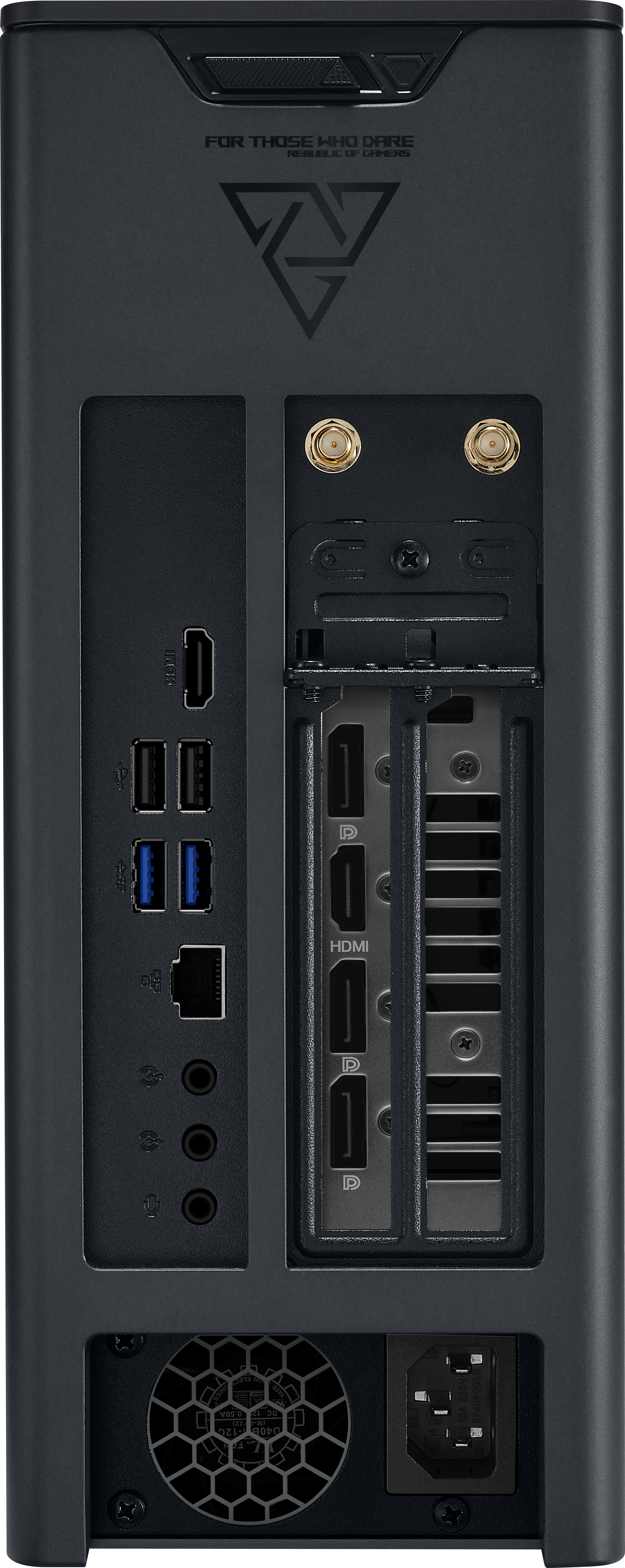 Rückansicht eines schwarzen Computerturms mit Anschlüssen und dem Schriftzug "FOR THOSE WHO DARE".