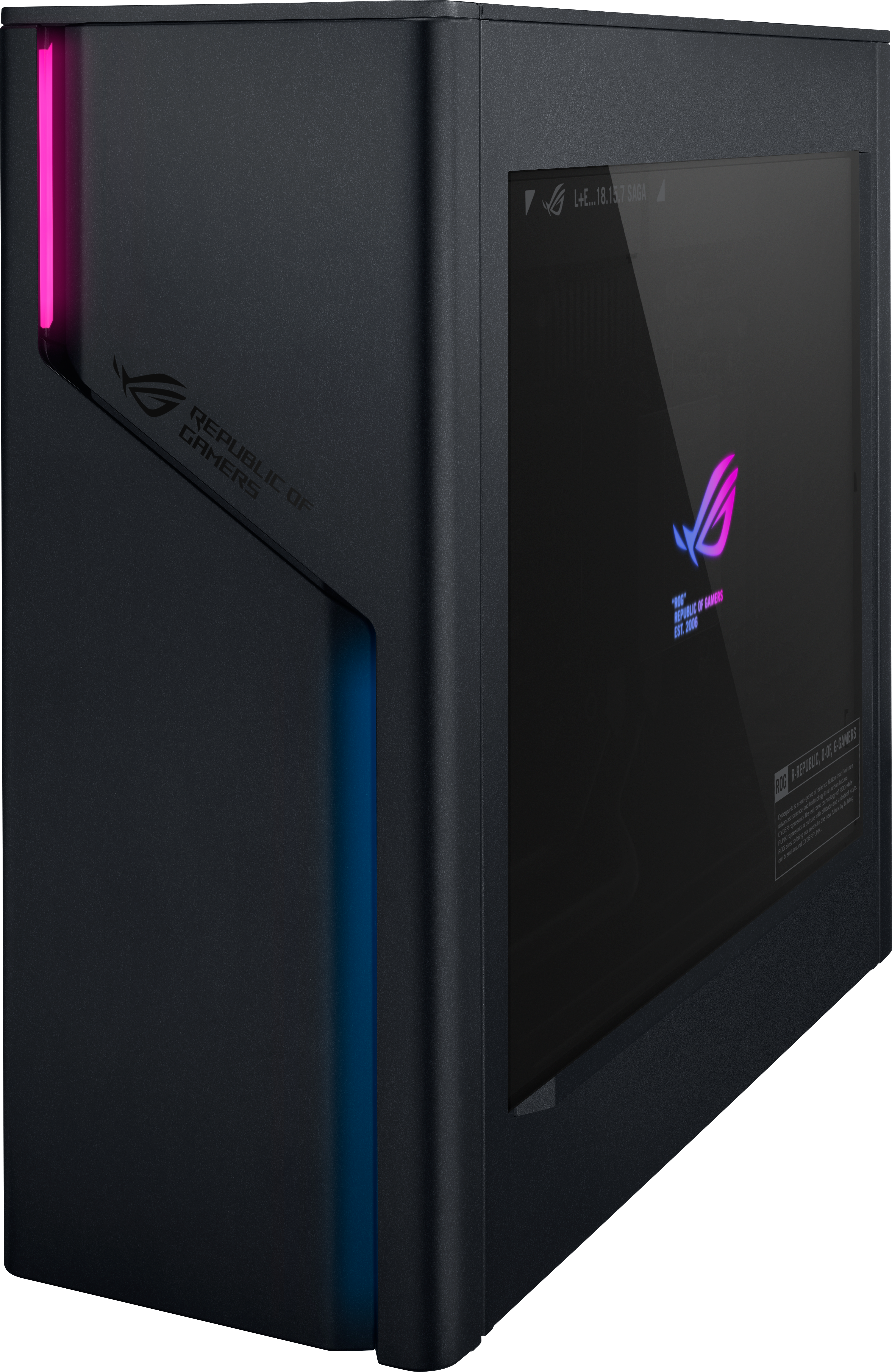 Schwarzes Computergehäuse mit rosa und blauen Lichtern, ROG-Logo und Glasplatte.