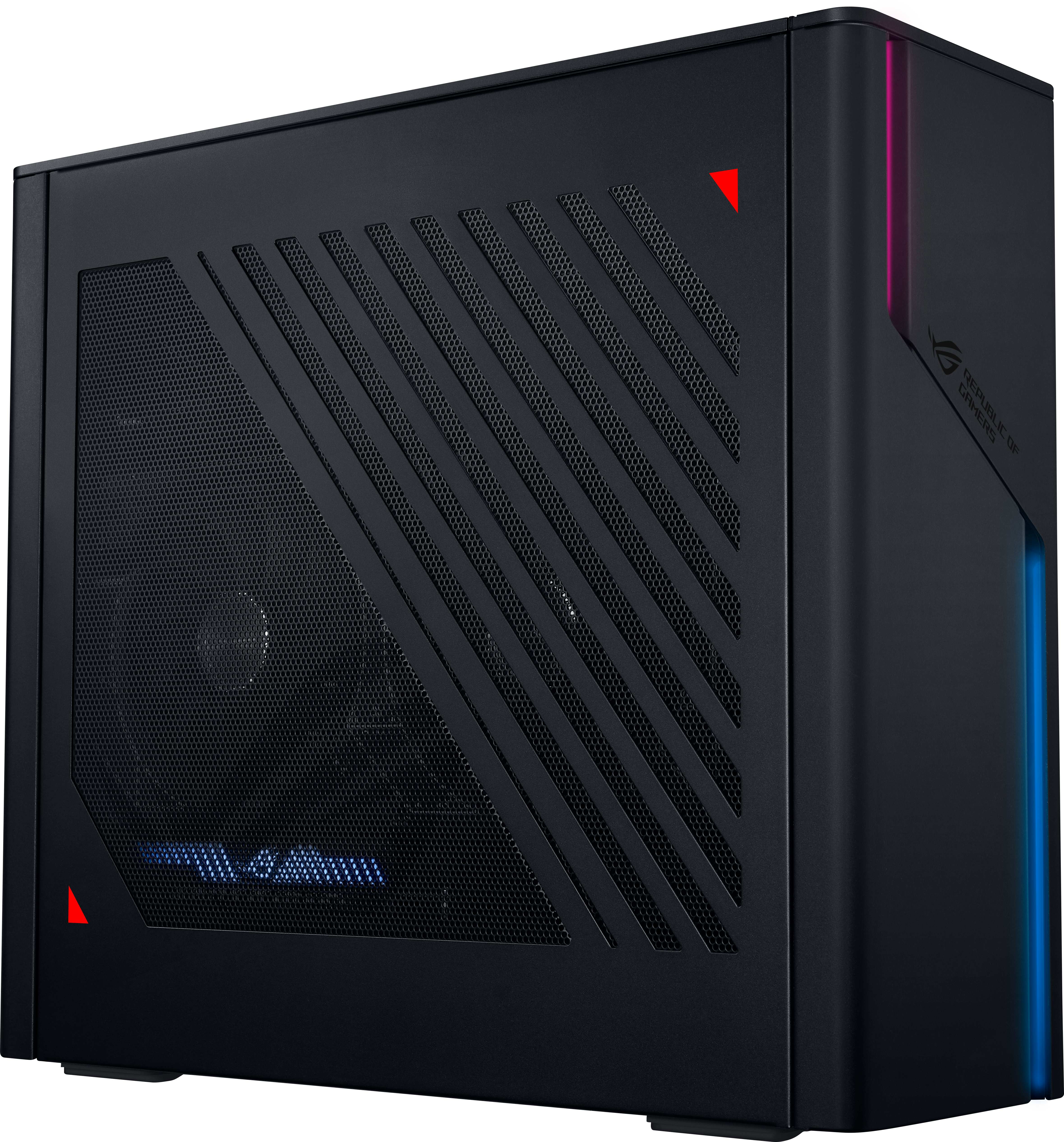 Schwarzes Computergehäuse mit Mesh-Front und roten und blauen Akzenten. ROG-Logo sichtbar.