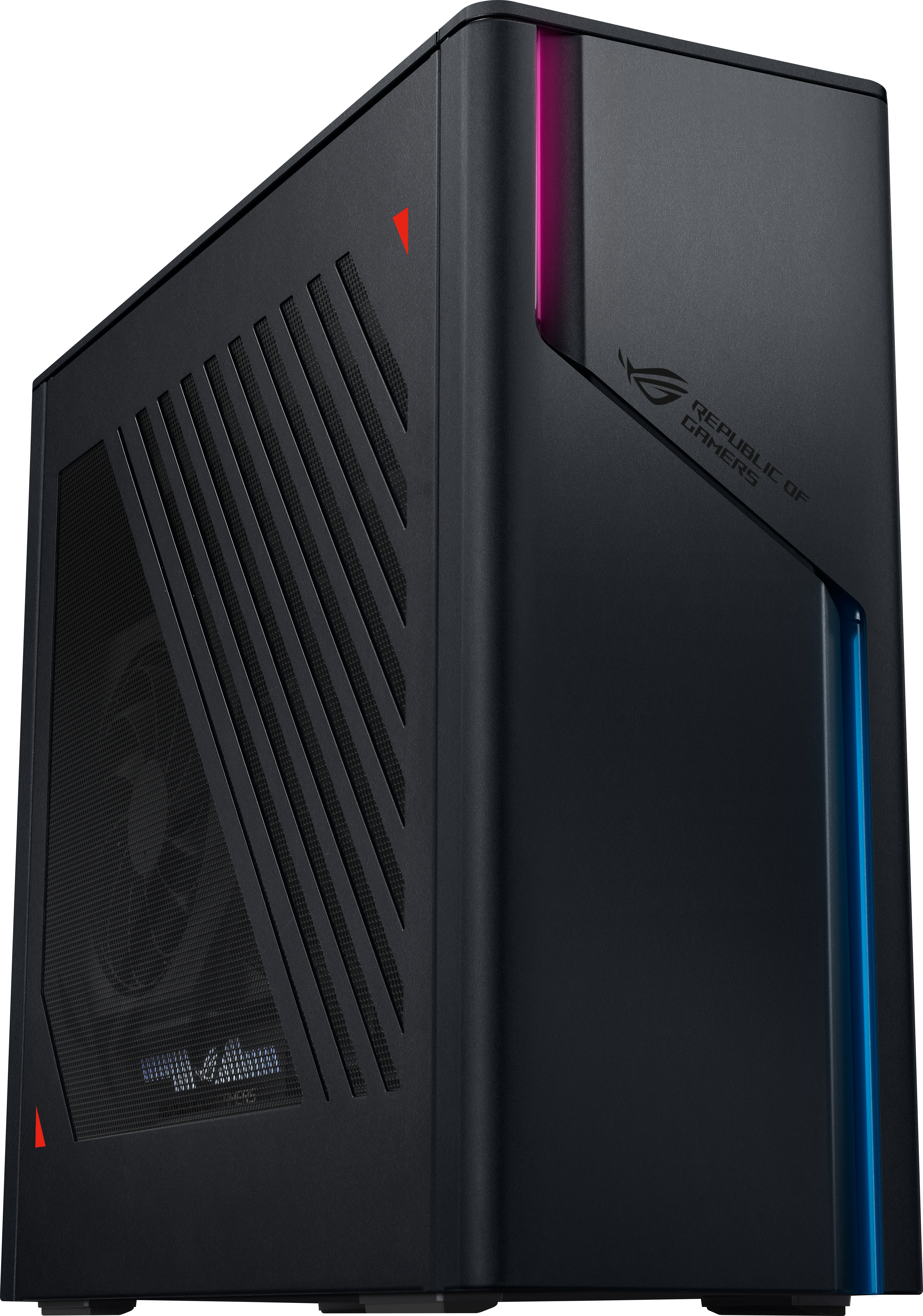 Schwarzes Computergehäuse mit diagonalen Linien und roten/blauen Akzenten. ROG-Logo sichtbar.