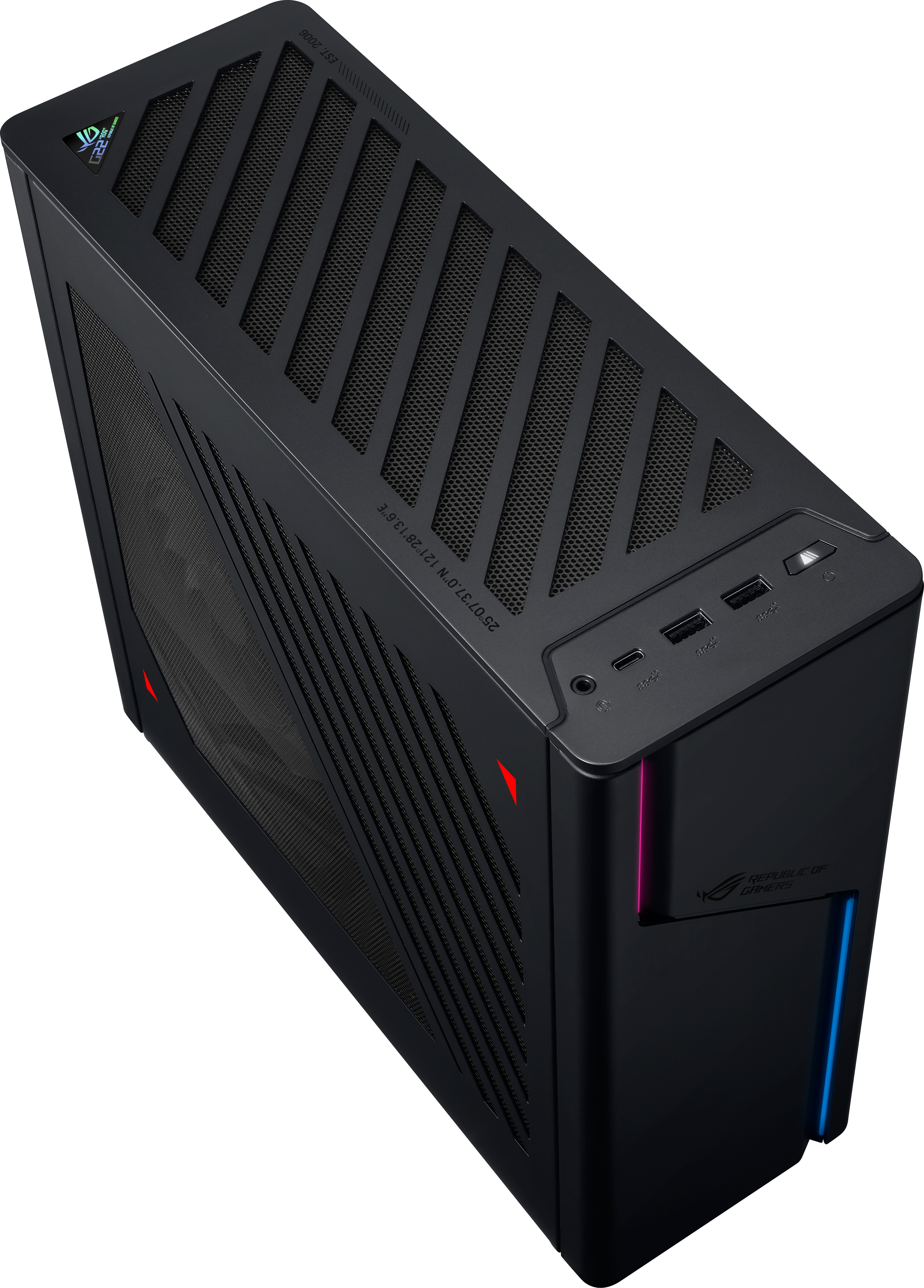 Ein schwarzes Computergehäuse mit ROG-Logo und abgewinkeltem Design. Blaue und rosa Lichtakzente.