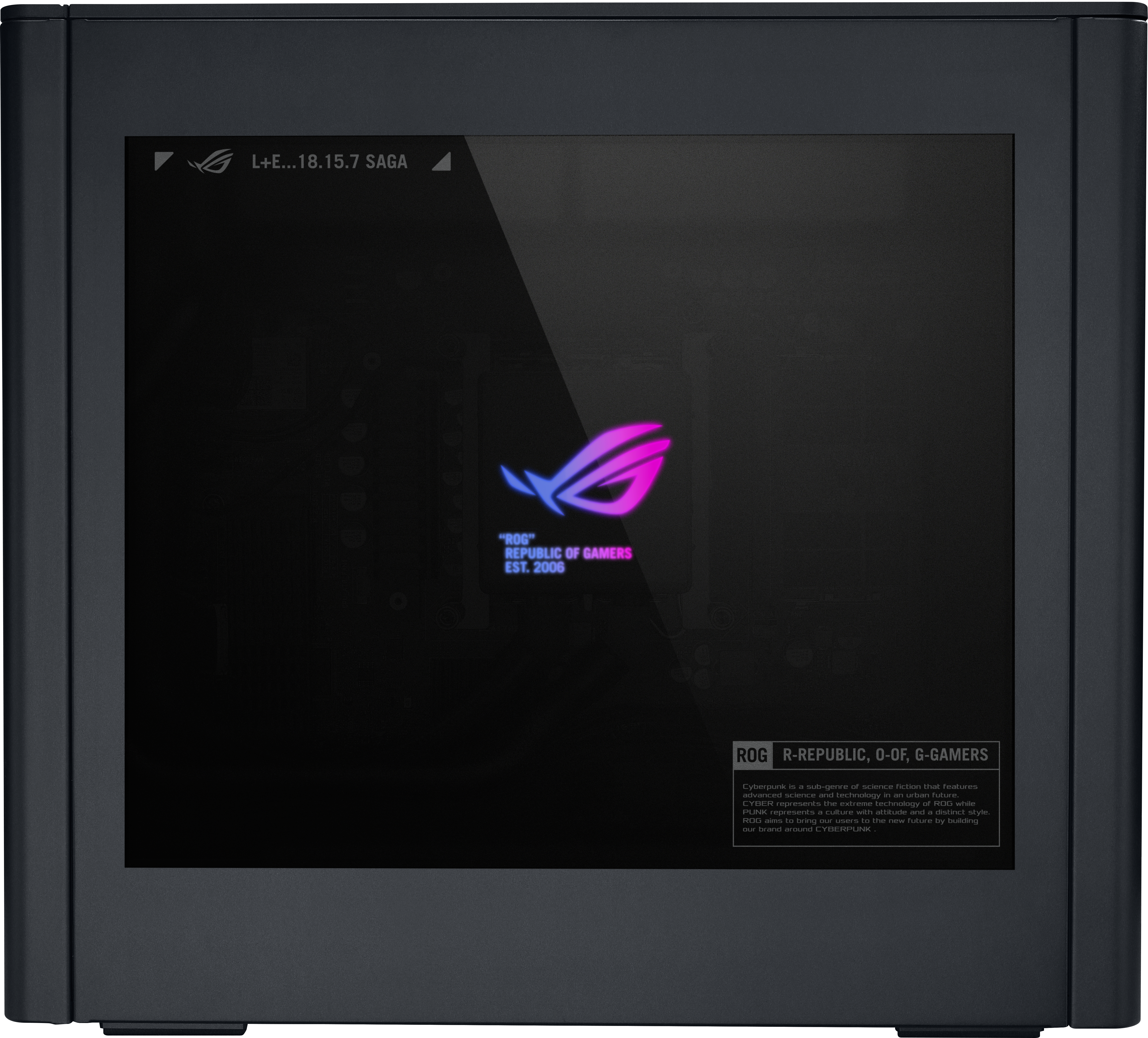 Ein schwarzer Bildschirm zeigt das ROG-Logo, Text und eine Beschreibung. Der Rahmen ist dunkelgrau.