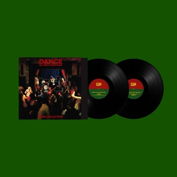 Albumcover mit Vinyls: Bühnenauftritt, tanzende Menschen, rot-grünes Farbschema.