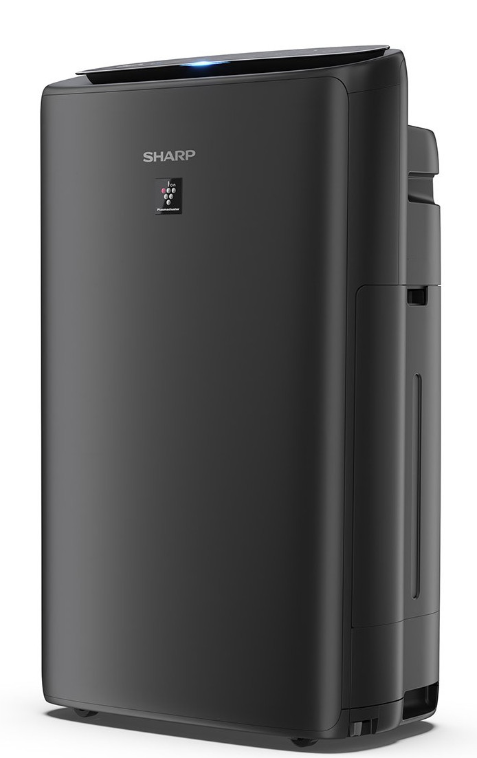 Czarny oczyszczacz powietrza z panelem sterowania, na białym tle.