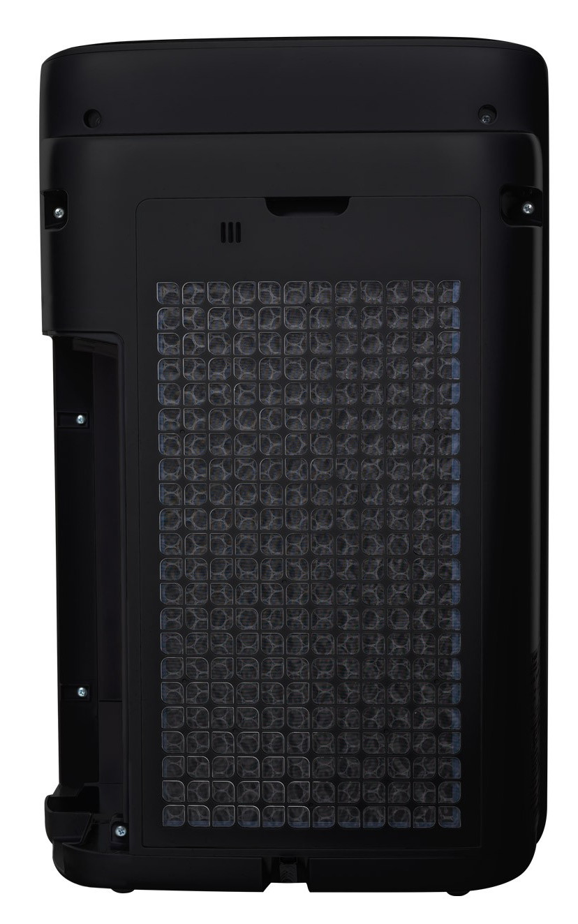 Czarny panel tylny oczyszczacza powietrza z filtrem siatkowym.