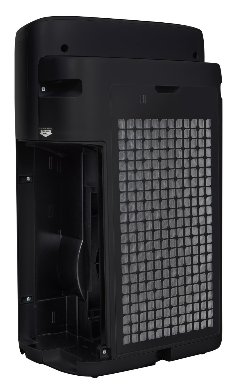 Czarny oczyszczacz powietrza z otwartym panelem. Widoczny filtr, struktura kratki.