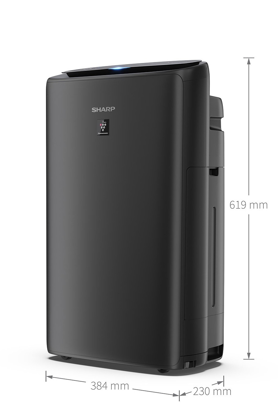 Czarny oczyszczacz powietrza z wymiarami, białe tło.