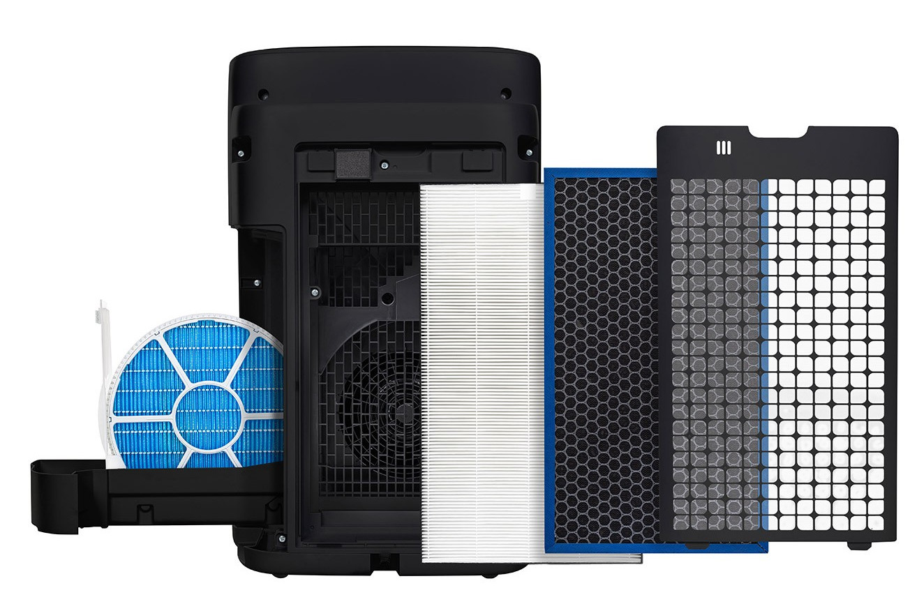 Oczyszczacz powietrza z filtrami: wstępnym, HEPA, węglowym. Widoczne niebieskie i białe filtry.