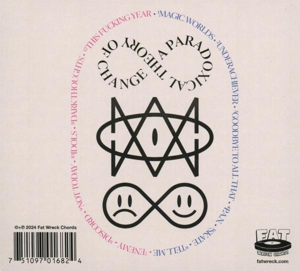 Albumcover. Schwarzer Hintergrund. Ein Design mit Text in einem Kreis und anderen Symbolen.