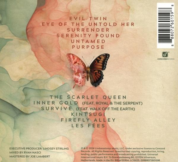 Rückseite einer Musik-CD. Enthält Songtitel und ein Schmetterlingsbild.
