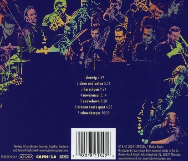 Rückseite eines CD-Covers mit Songtiteln, Titellängen und einem Bandfoto.