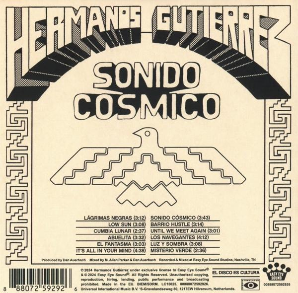 Albumcover. Beigefarbener Hintergrund. Text in Schwarz. Ein Vogel und andere Symbole.