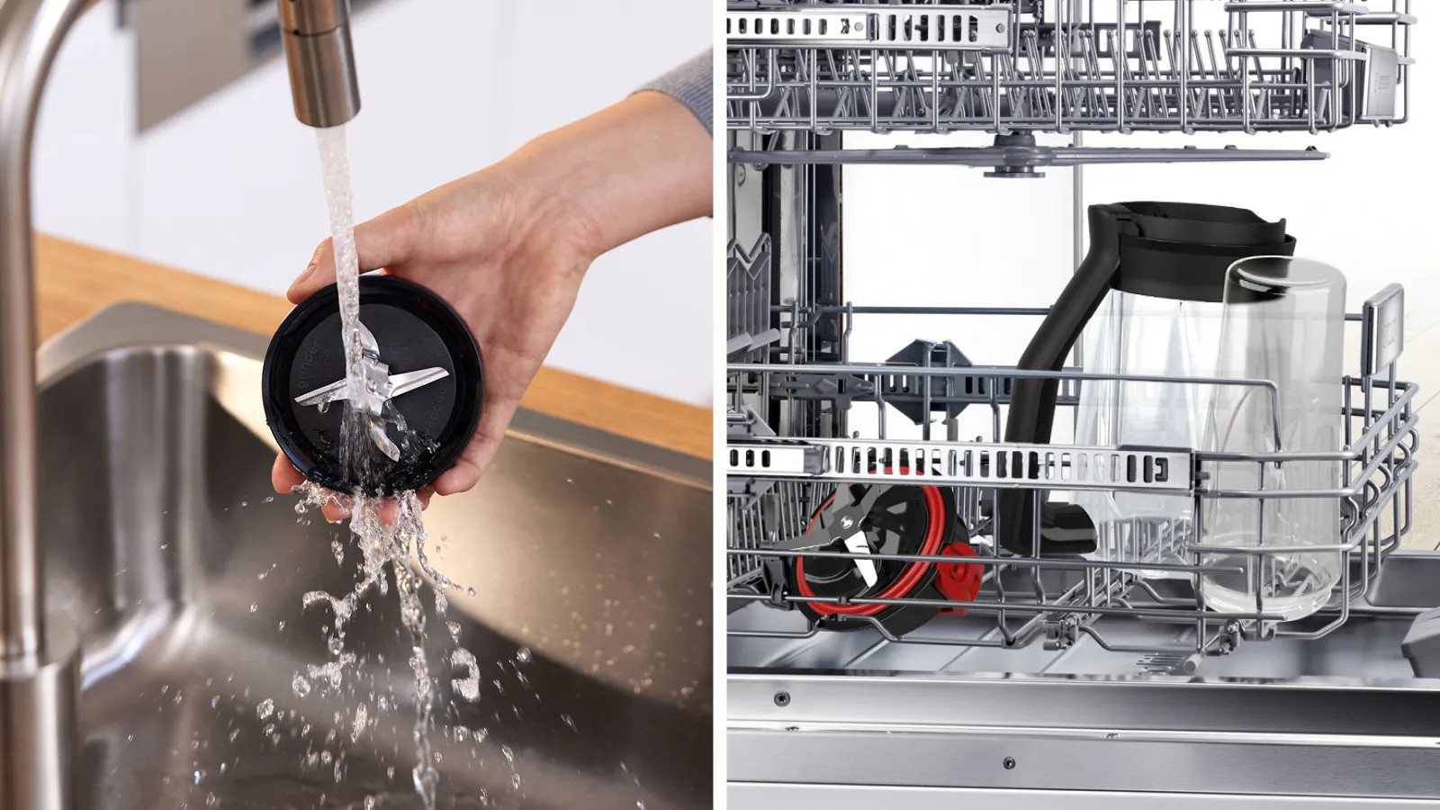 Ręka płucze ostrze blendera pod kranem, a następnie blender i części w zmywarce.