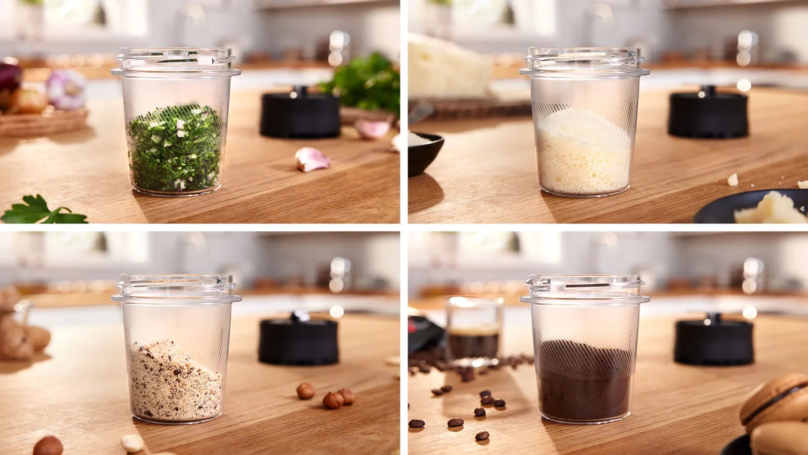 Cztery obrazy składników w przezroczystych pojemnikach: zioła, ser, orzechy i fusy z kawy.