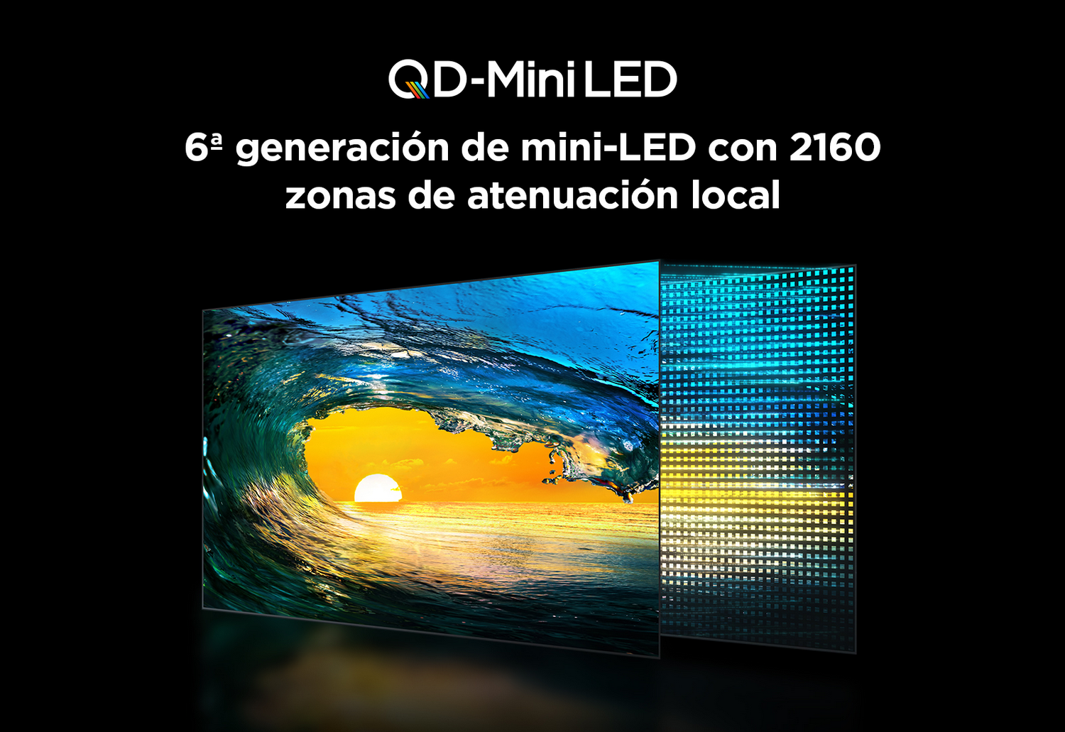Pantalla mostrando una ola de mar con sol y una cuadrícula de luces azules. Texto: QD-Mini LED.
