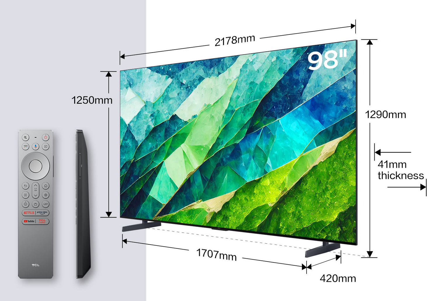 Un televisor TCL de 98 pulgadas con dimensiones mostradas junto a un mando a distancia.