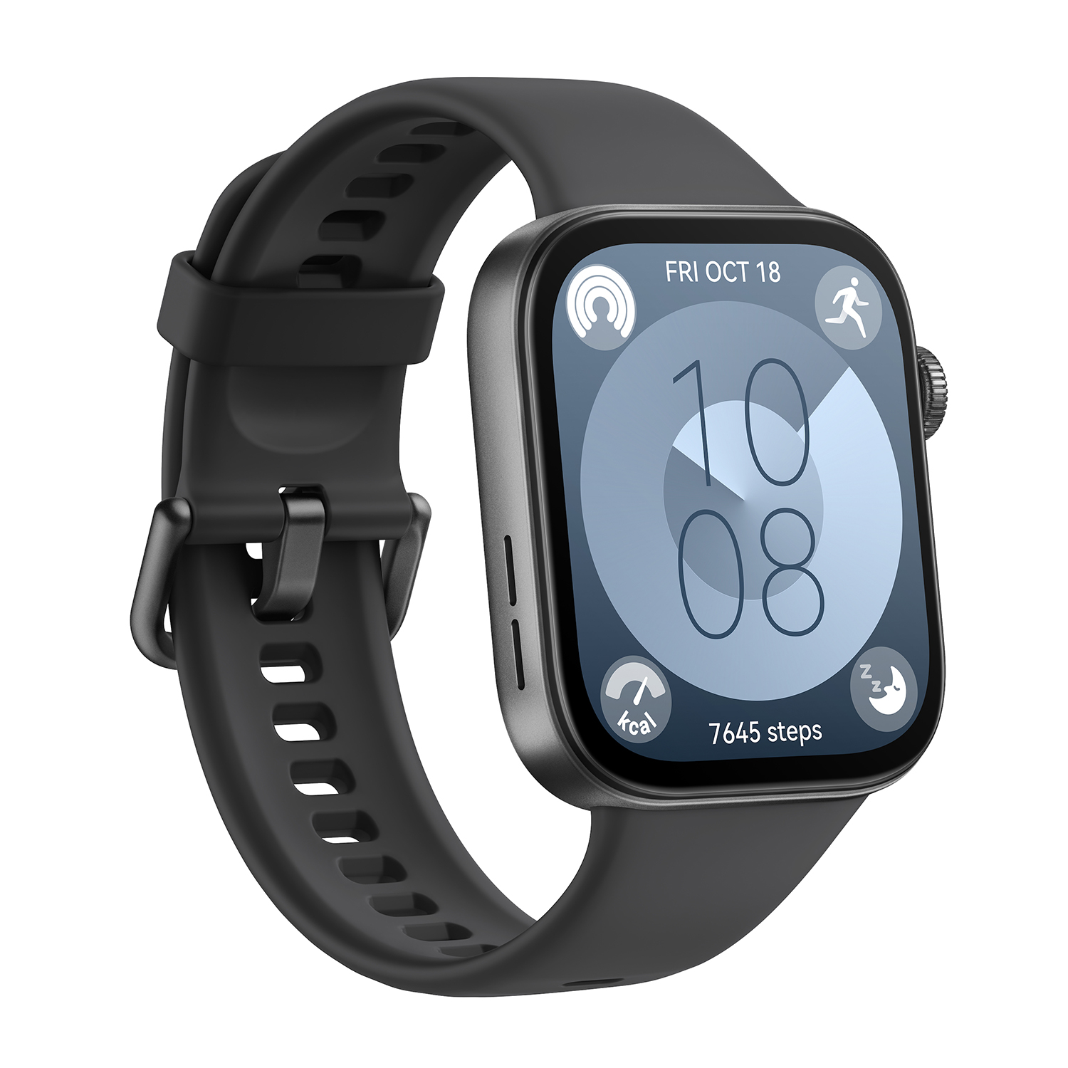 Smartwatch nero con display che mostra ora, passi e data. Cinturino nero.