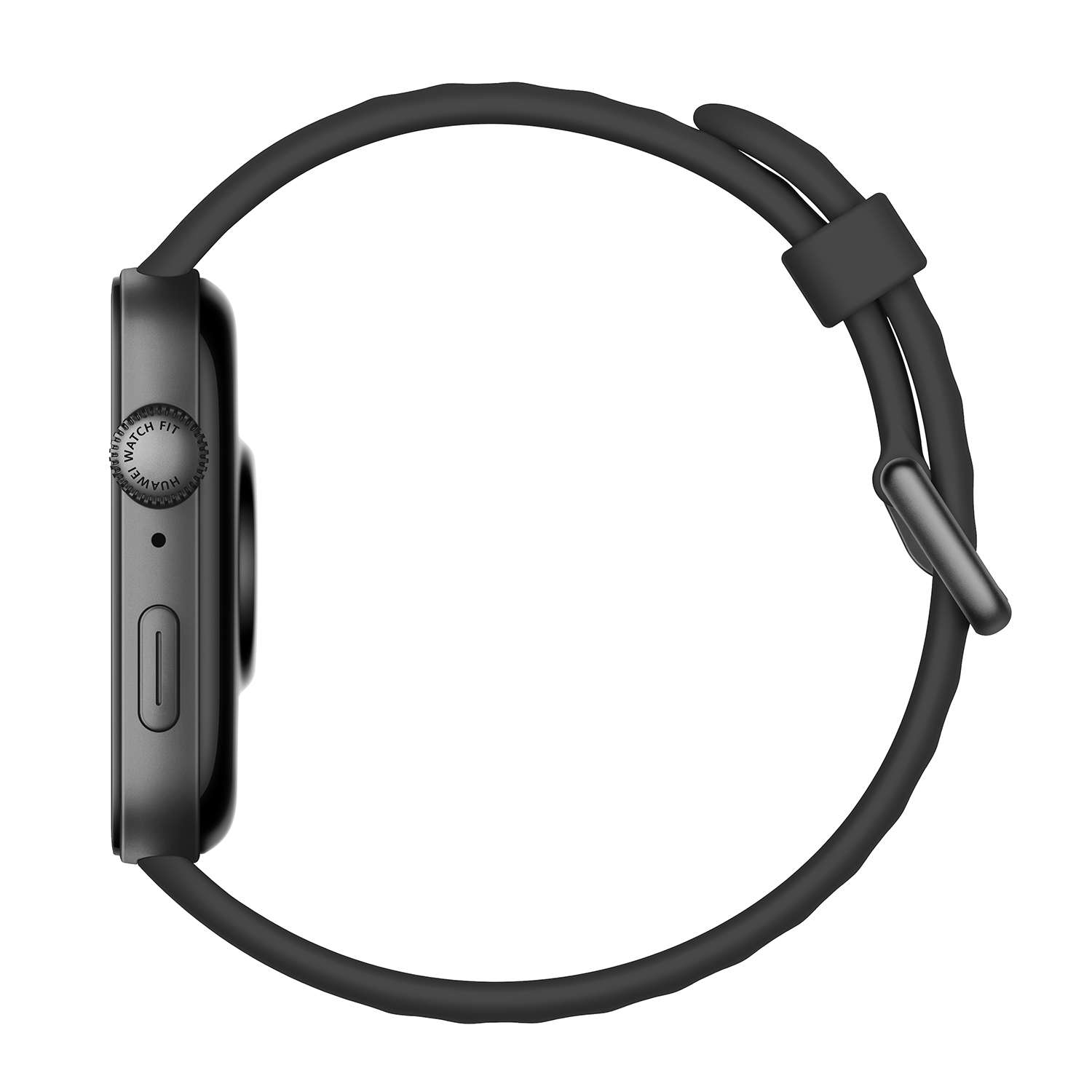 Una vista laterale di uno smartwatch Huawei Watch Fit nero con cinturino nero.