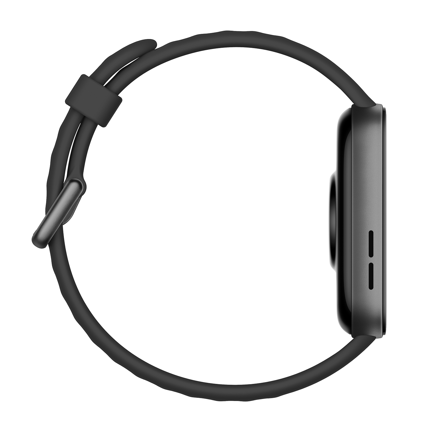 Vista laterale di uno smartwatch nero con cinturino nero su sfondo bianco.