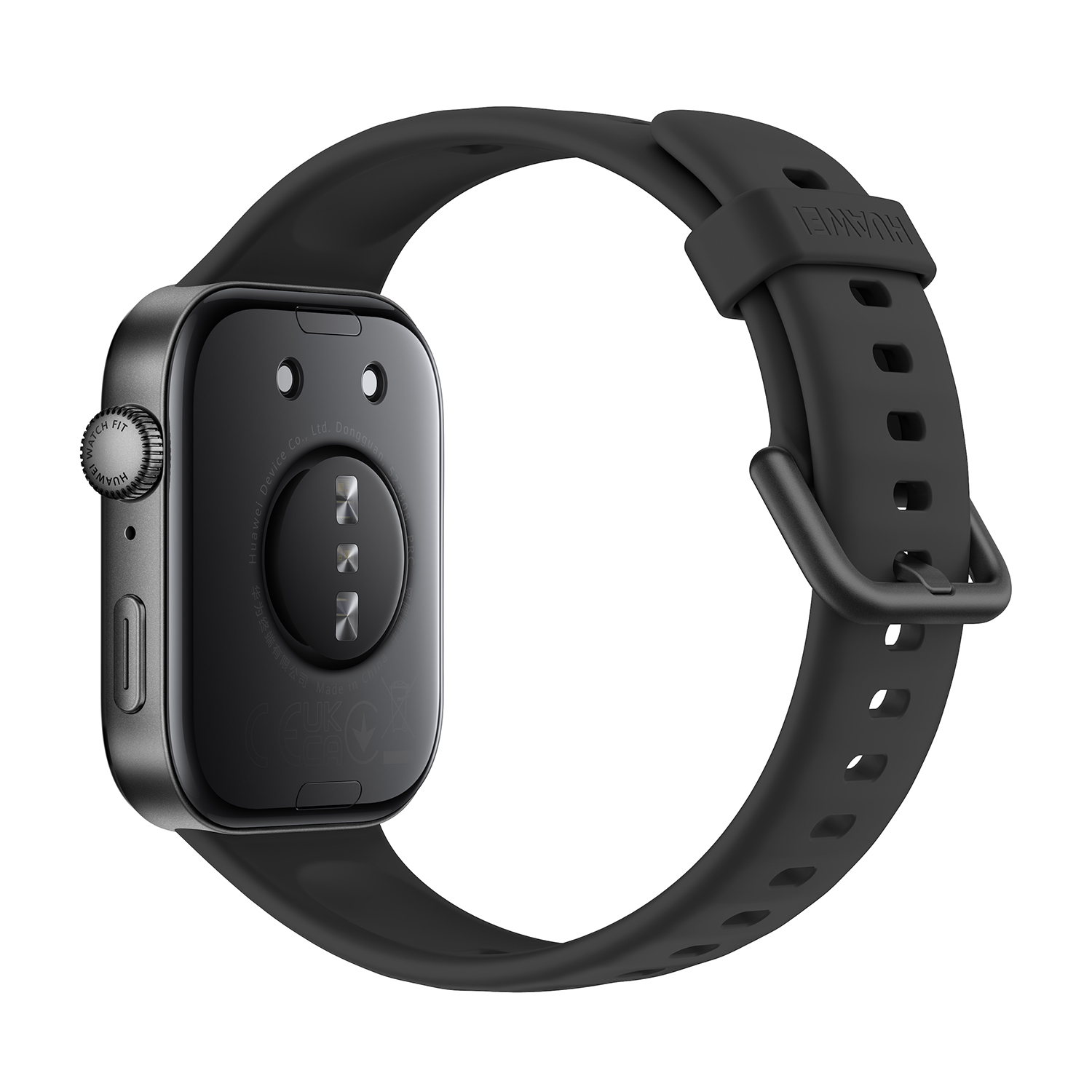 Smartwatch nero su sfondo bianco. Il retro mostra sensori e una porta di ricarica.